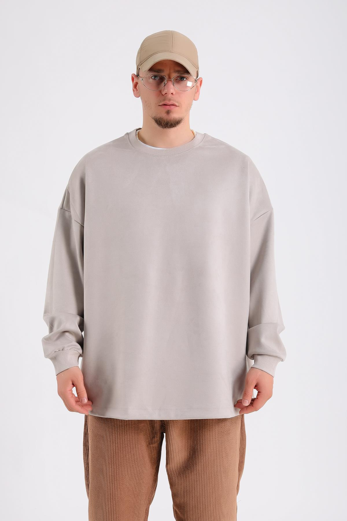 Krem Süet Kumaş Nakışlı Oversize Sweatshirt SW1195