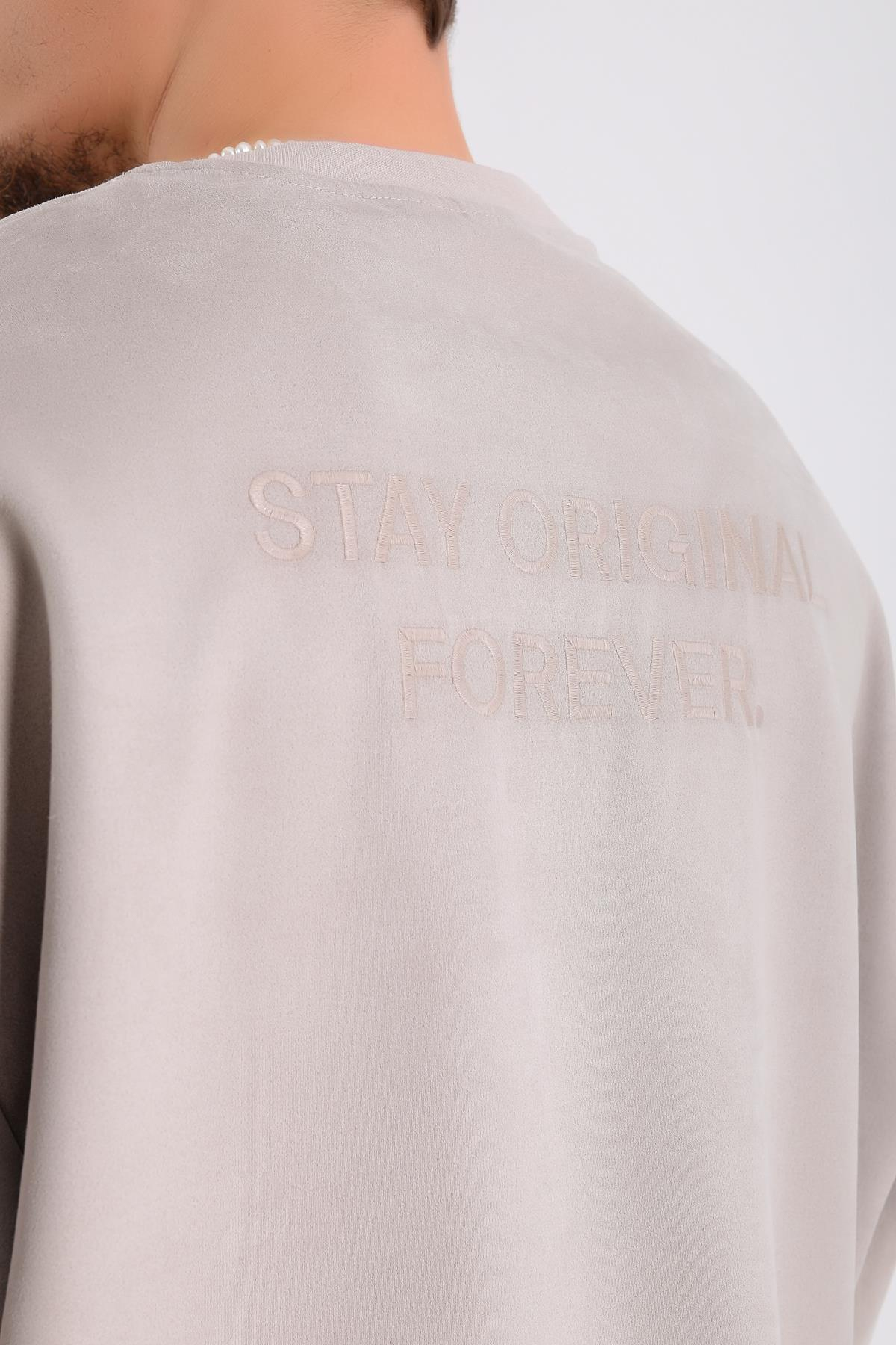 Krem Süet Kumaş Nakışlı Oversize Sweatshirt SW1195