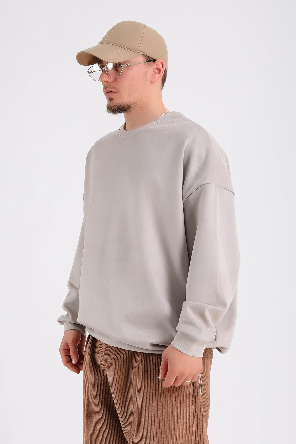 Krem Süet Kumaş Nakışlı Oversize Sweatshirt SW1195