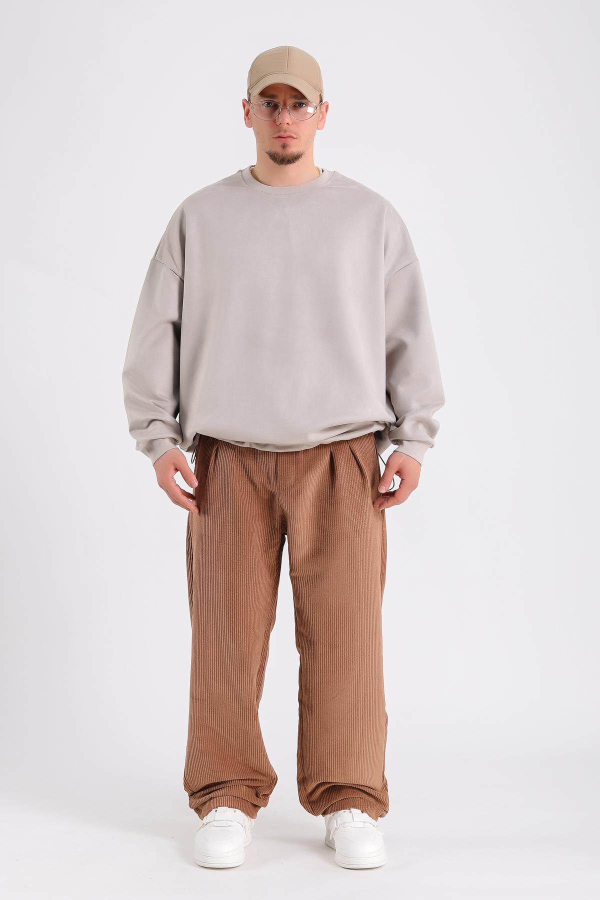 Krem Süet Kumaş Nakışlı Oversize Sweatshirt SW1195