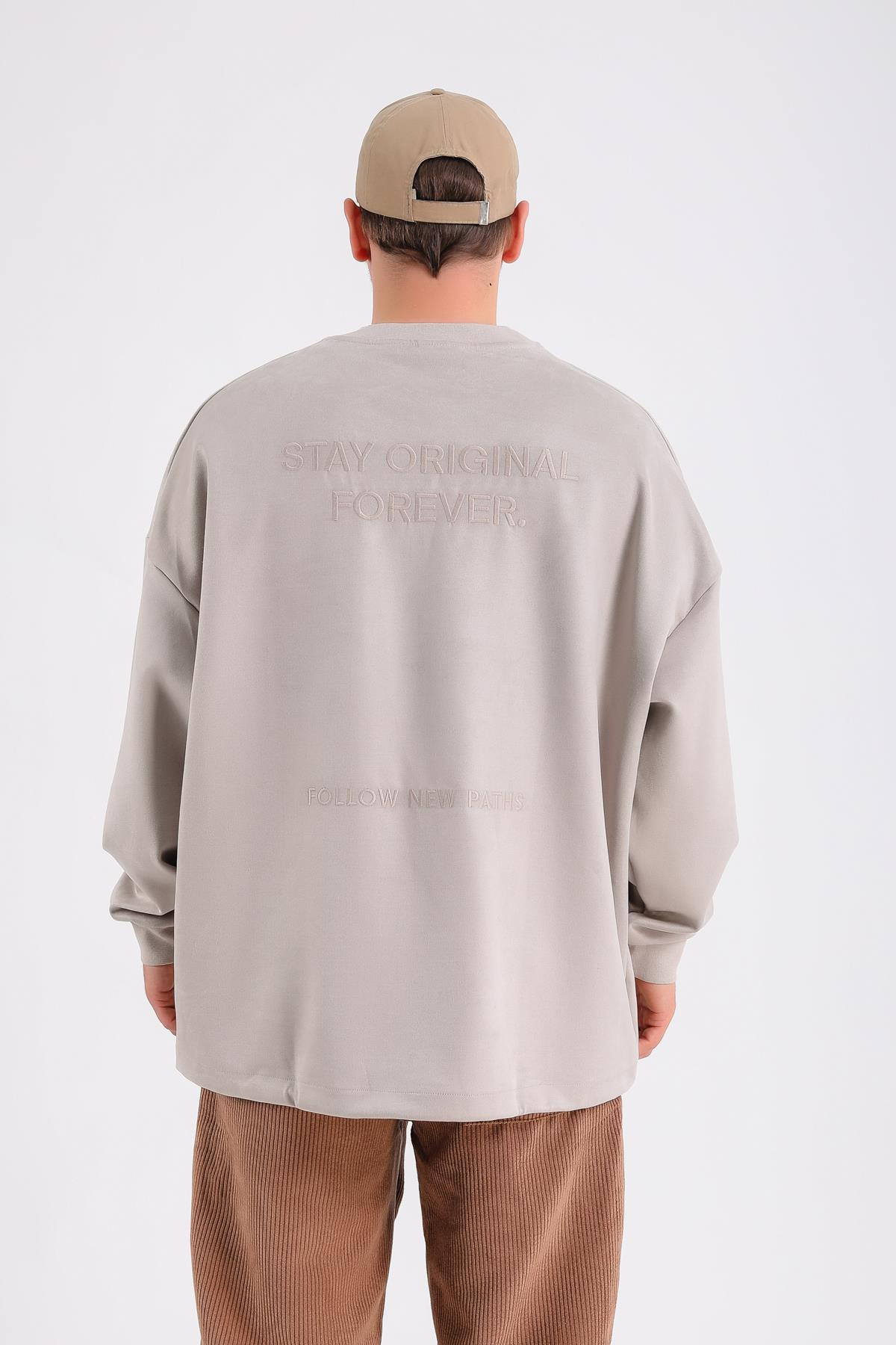 Krem Süet Kumaş Nakışlı Oversize Sweatshirt SW1195