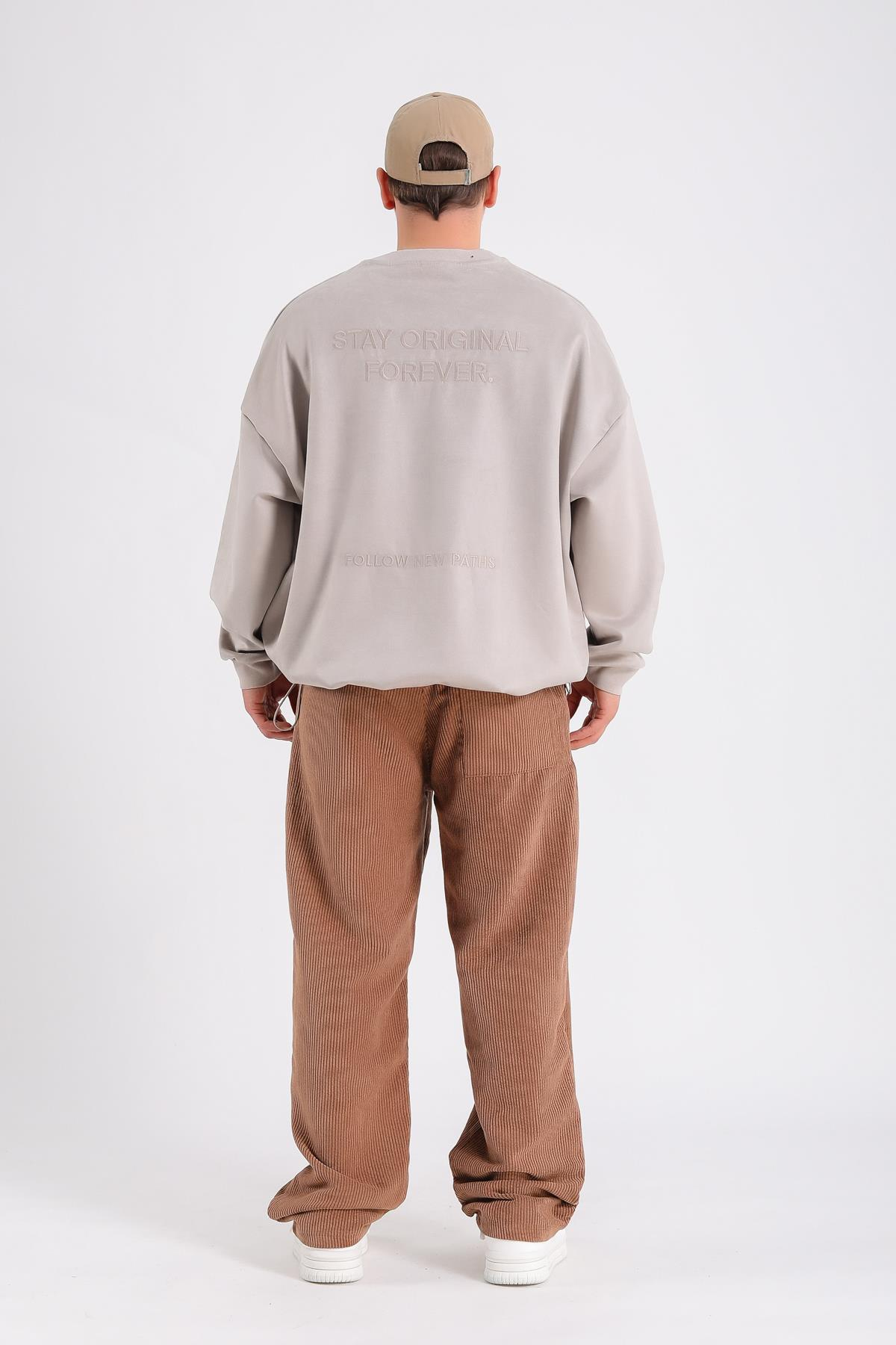 Krem Süet Kumaş Nakışlı Oversize Sweatshirt SW1195