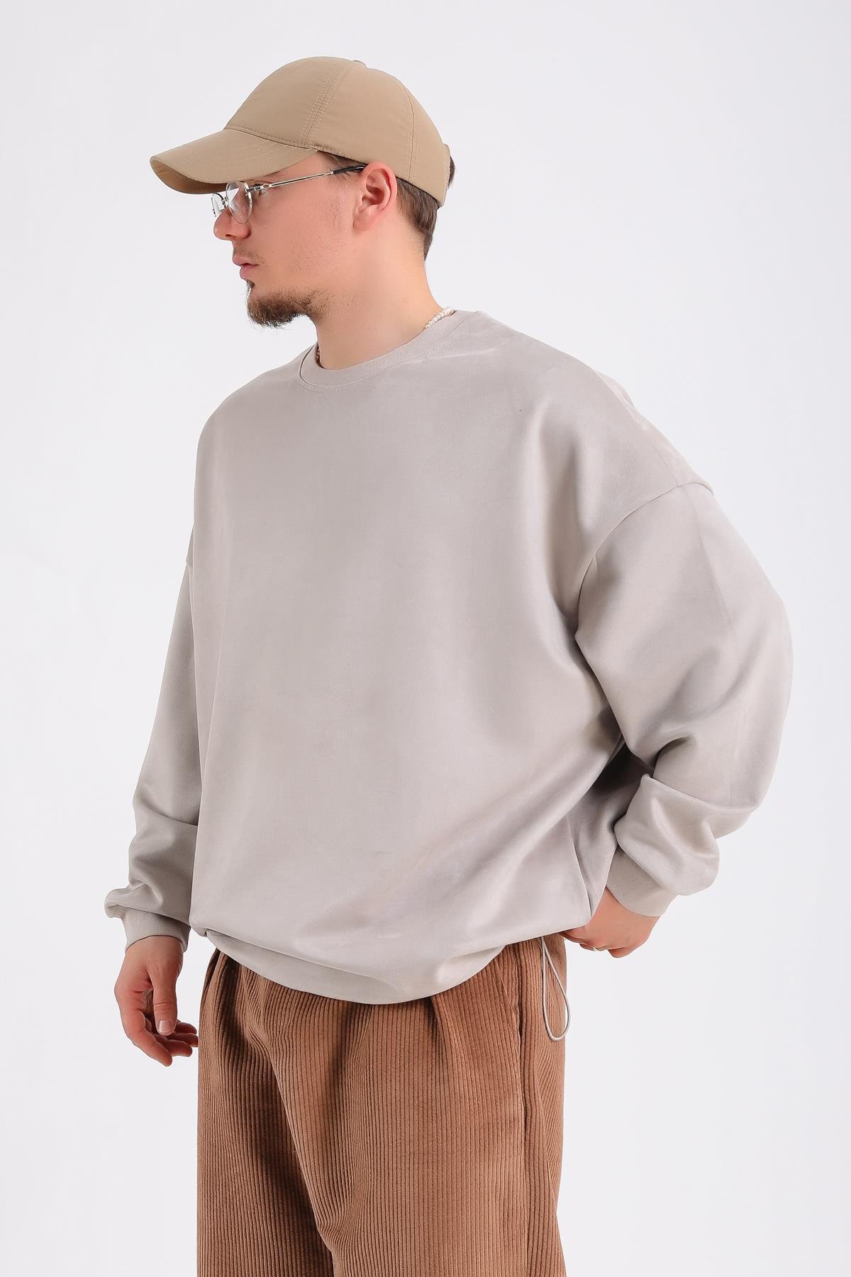 Krem Süet Kumaş Nakışlı Oversize Sweatshirt SW1195