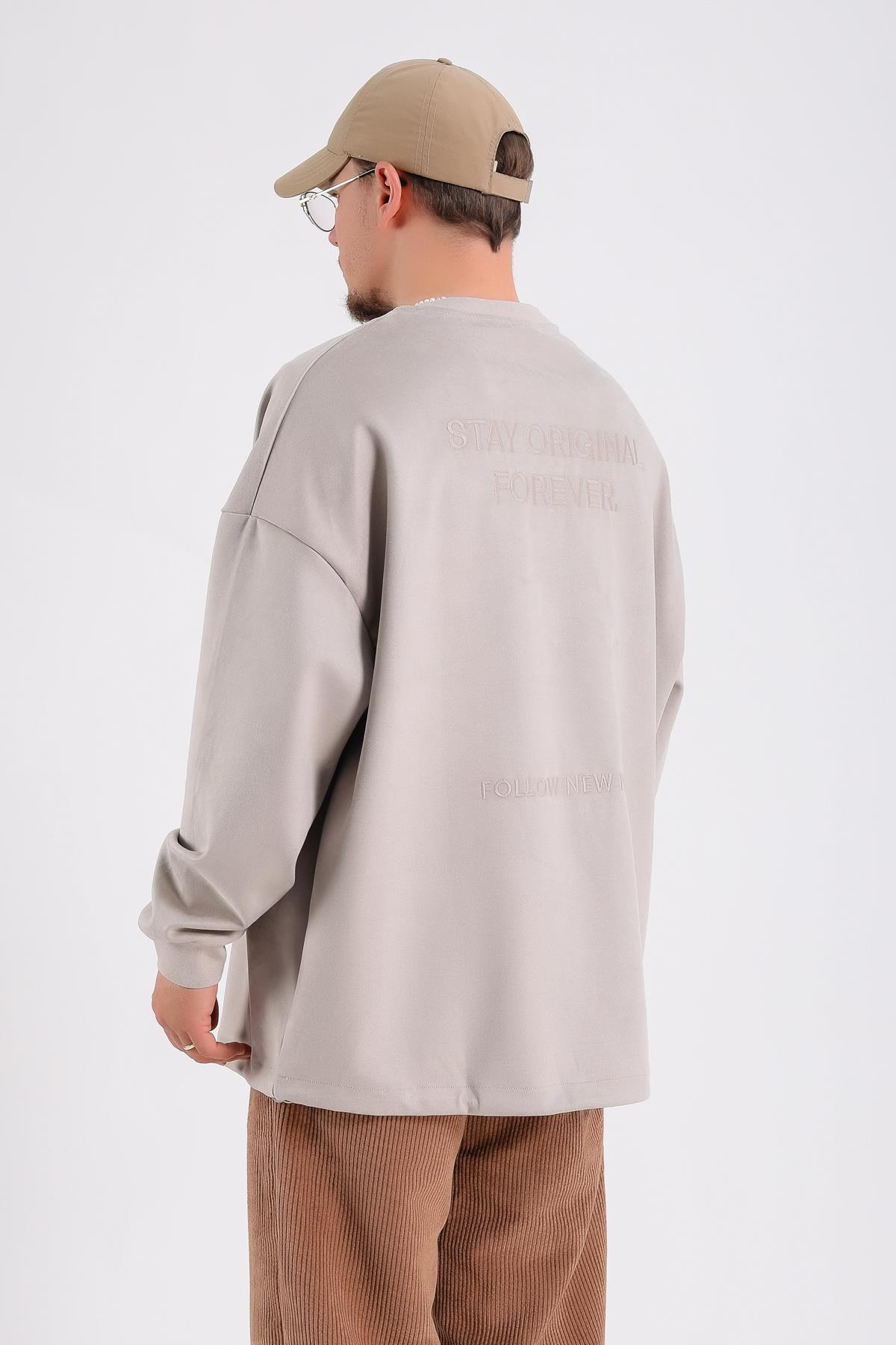 Krem Süet Kumaş Nakışlı Oversize Sweatshirt SW1195