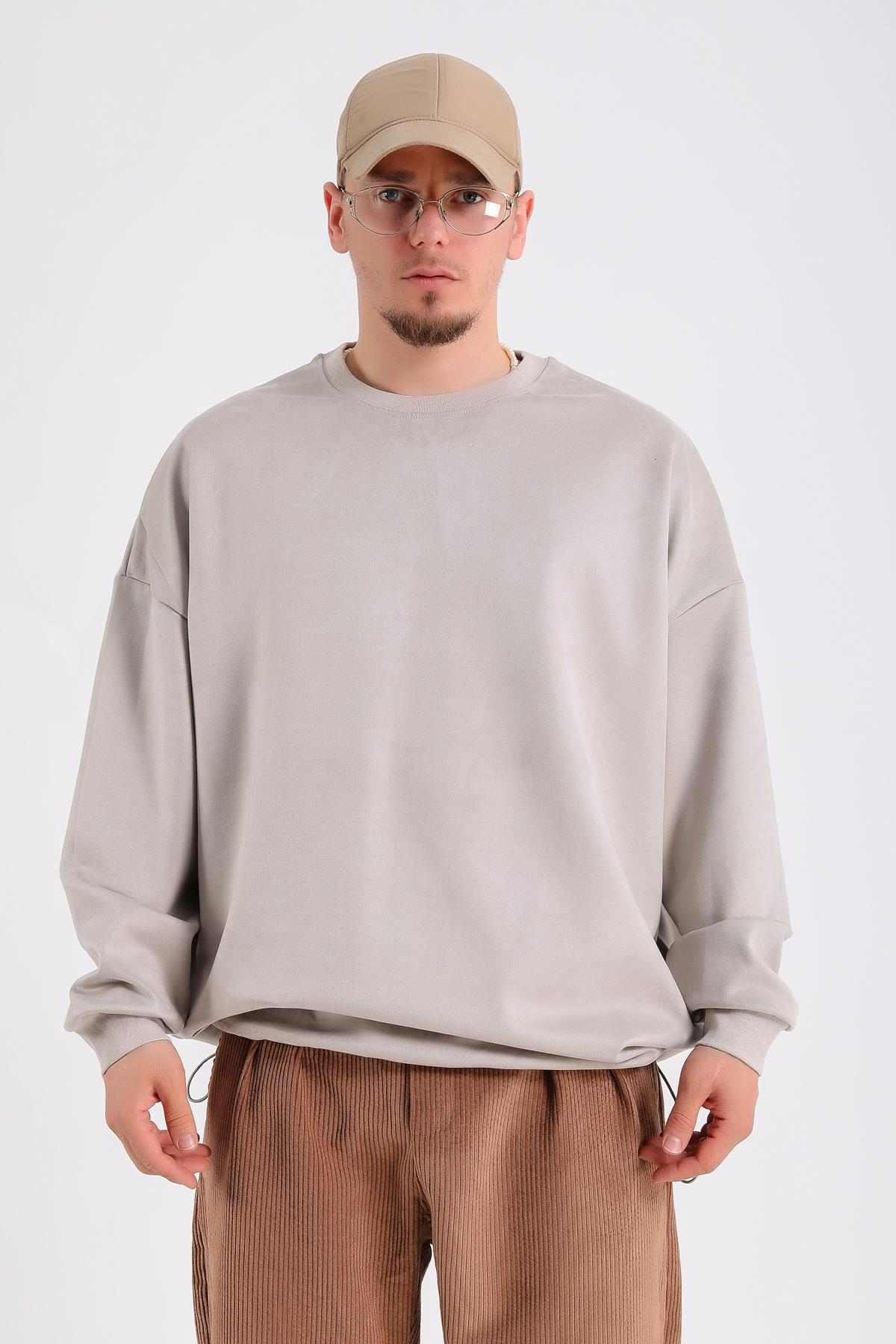 Krem Süet Kumaş Nakışlı Oversize Sweatshirt SW1195