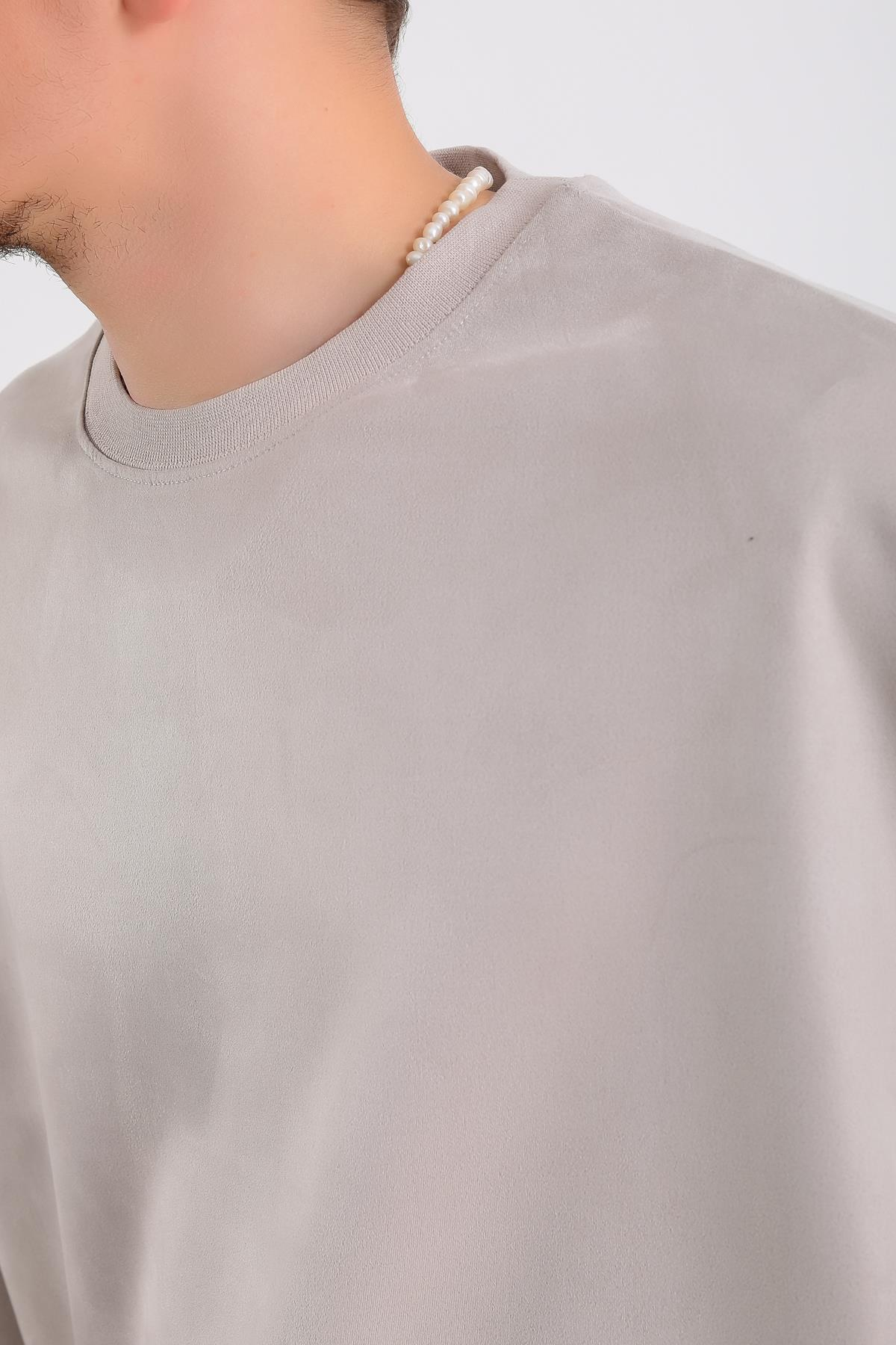 Krem Süet Kumaş Nakışlı Oversize Sweatshirt SW1195