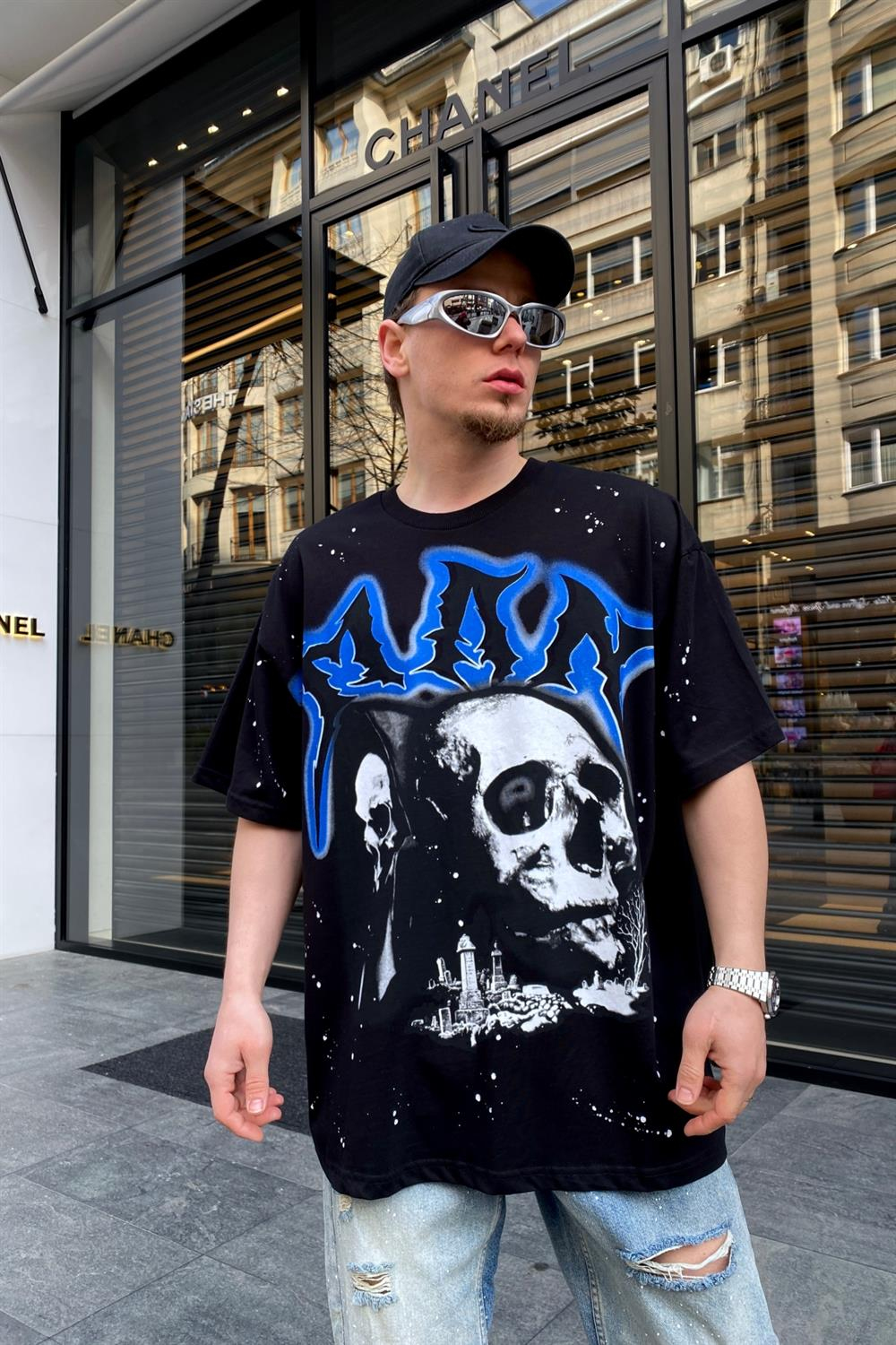 Kurukafa Baskılı Siyah Oversize Tshirt T597