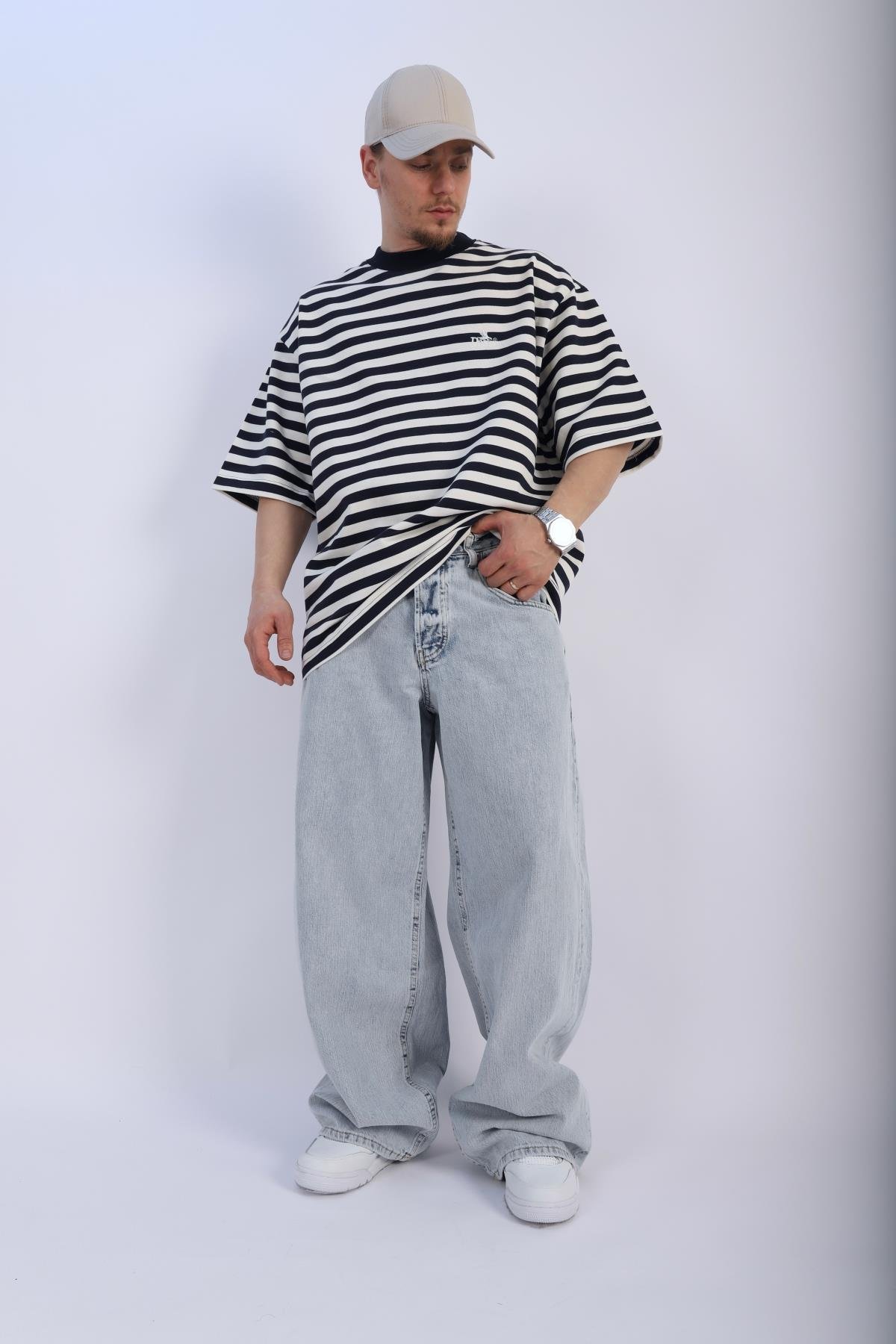 Lacivert Çizgili Peso Oversize Tshirt T941