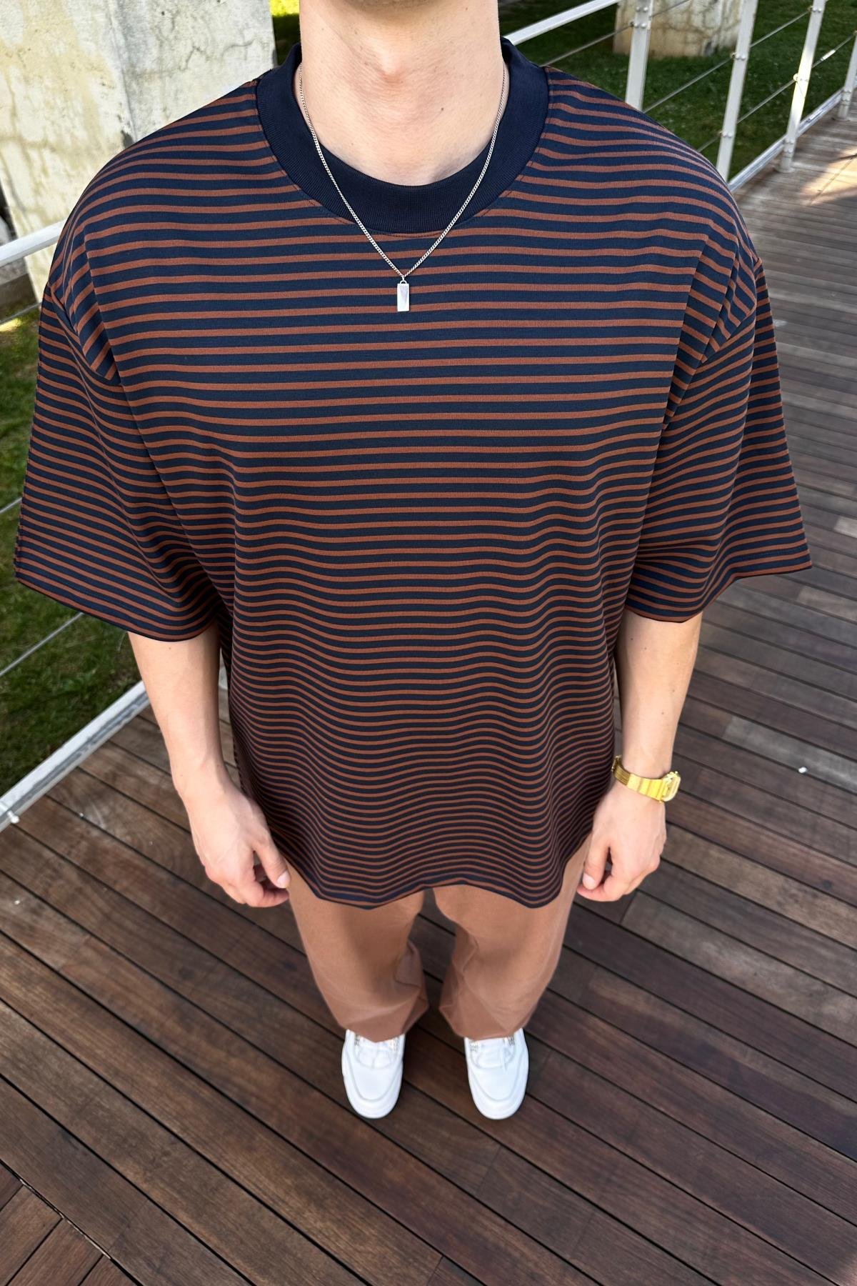 Lacivert Çizgili Zr Oversize Tshirt T1090