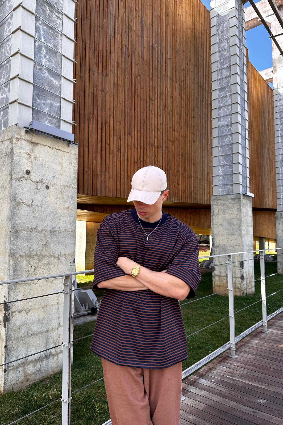 Lacivert Çizgili Zr Oversize Tshirt T1090
