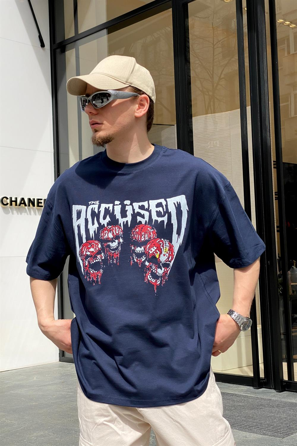 Lacivert Skull Baskılı Oversize Tshirt  T610