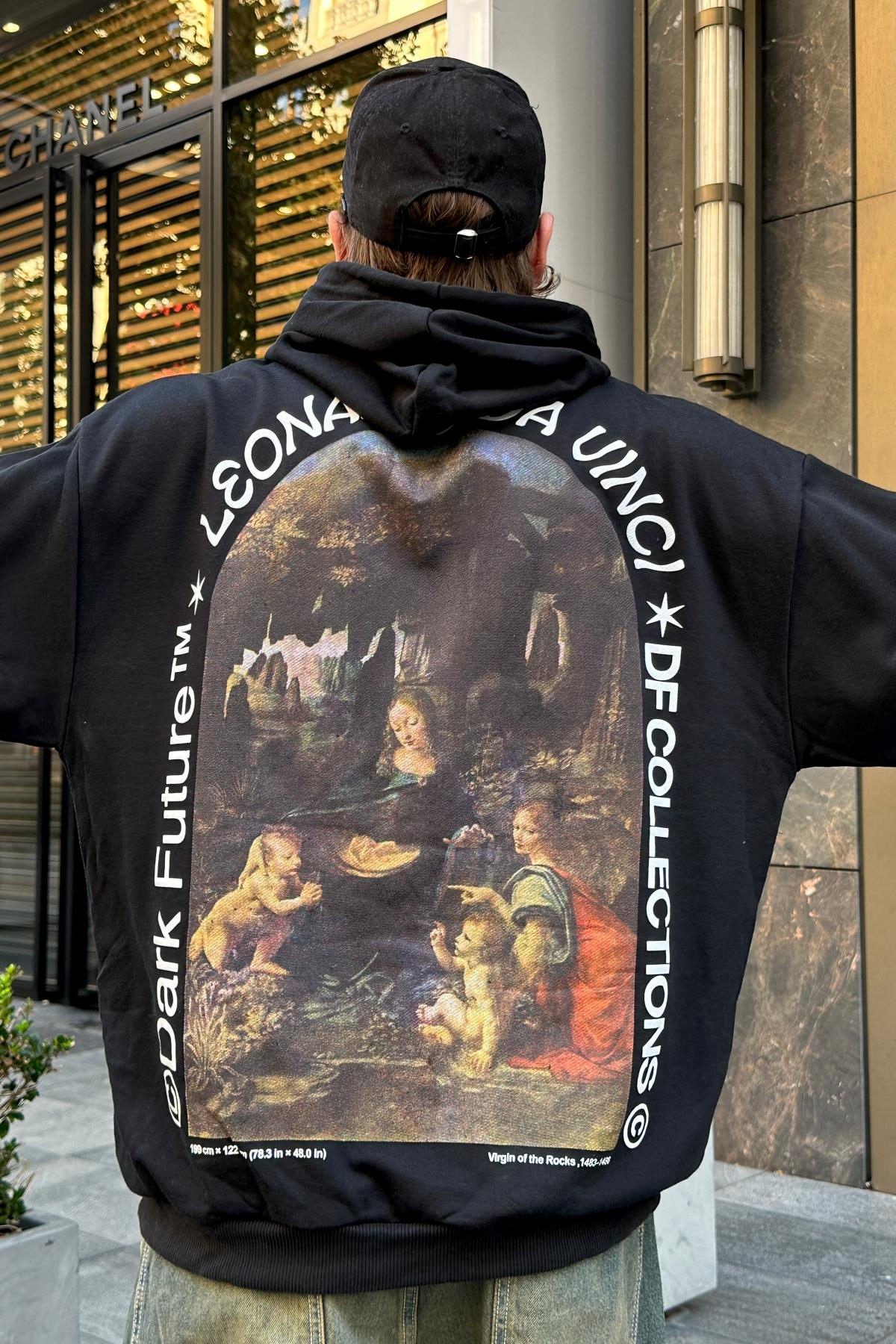 Leonardo Baskılı Siyah Oversize Sweatshirt SW988