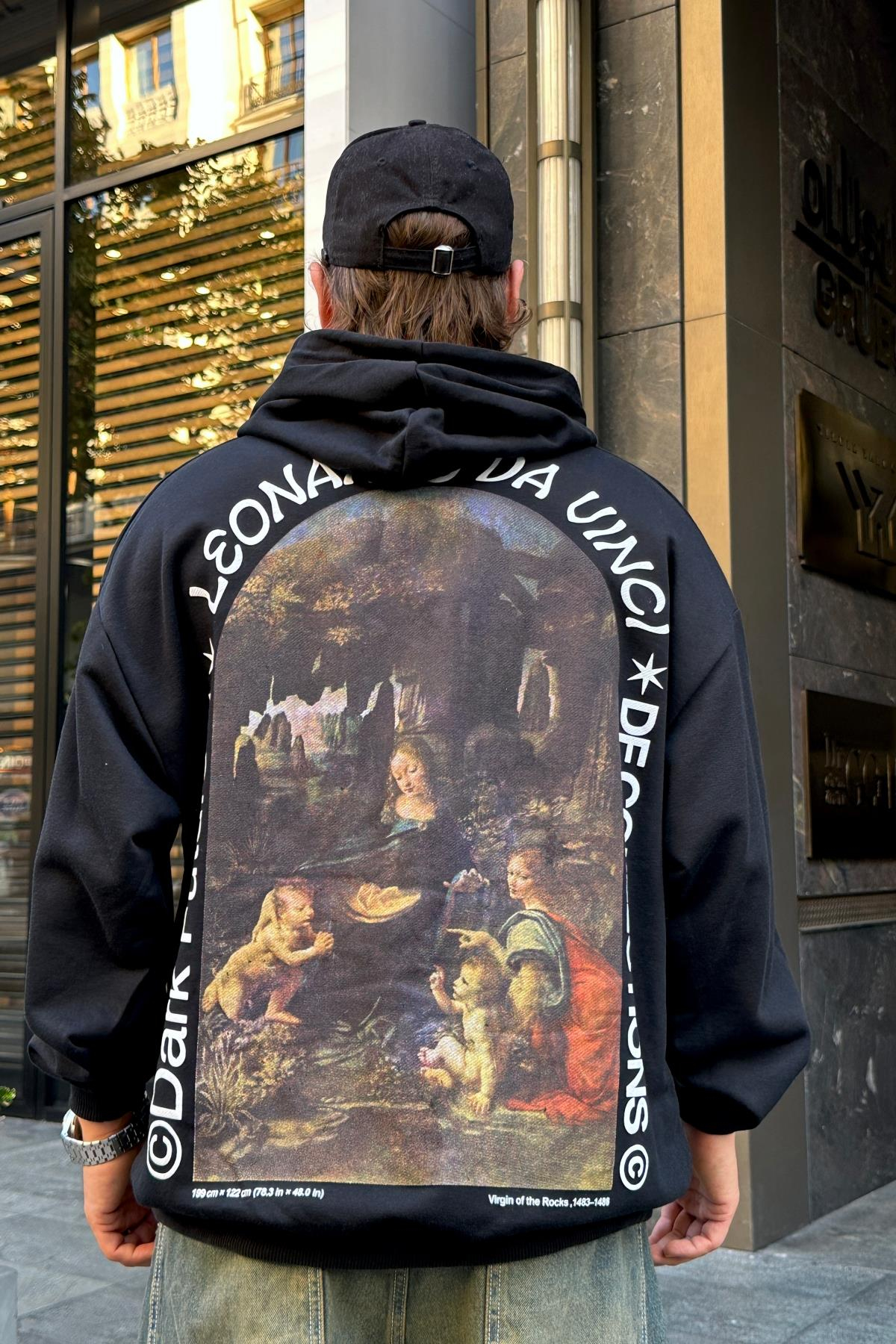 Leonardo Baskılı Siyah Oversize Sweatshirt SW988