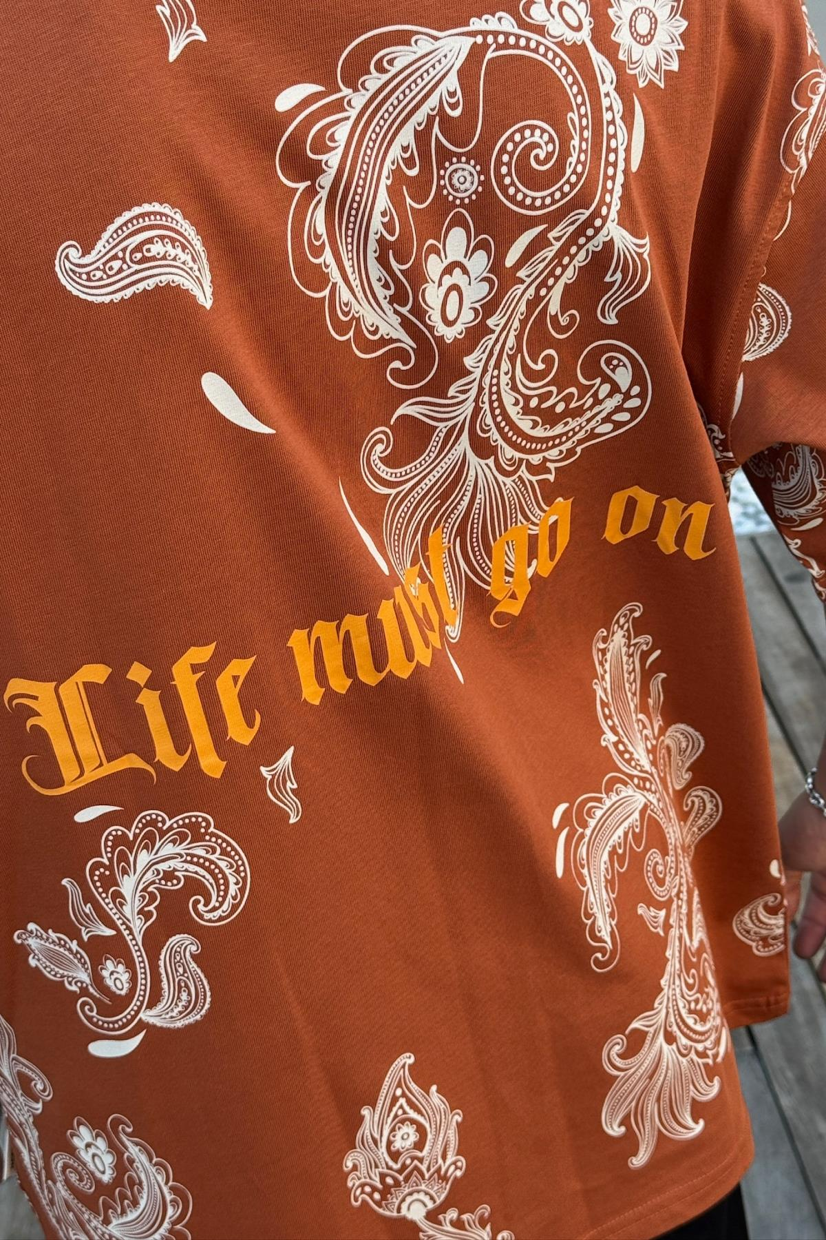 Life Must Etnik Desen Baskılı Kahve Oversize Tshirt JC01