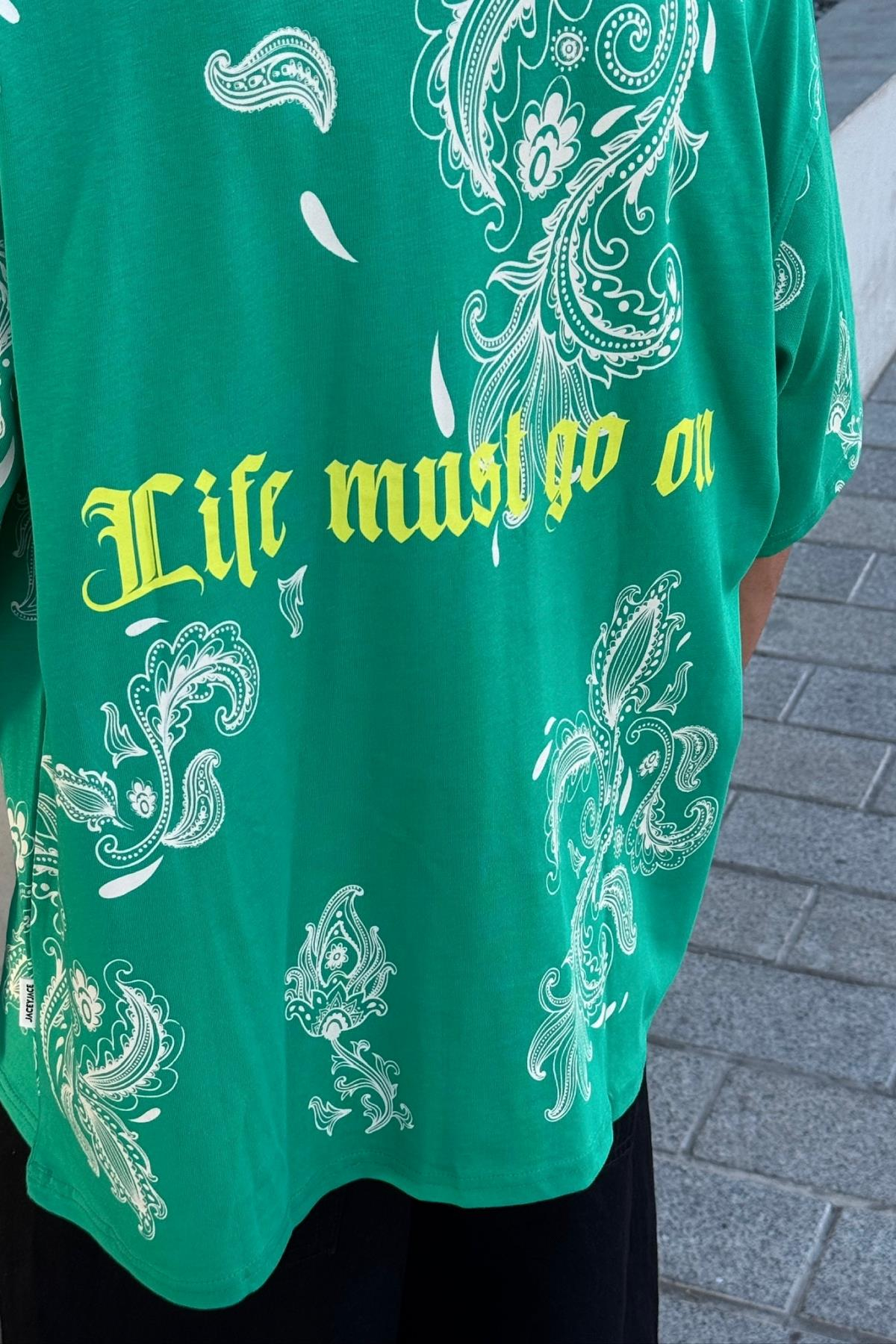 Life Must Etnik Desen Baskılı Yeşil Oversize Tshirt JC01