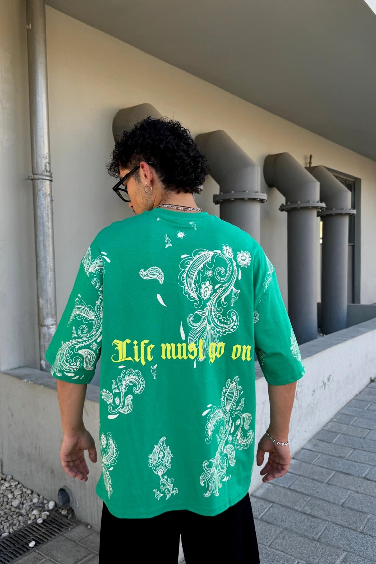 Life Must Etnik Desen Baskılı Yeşil Oversize Tshirt JC01