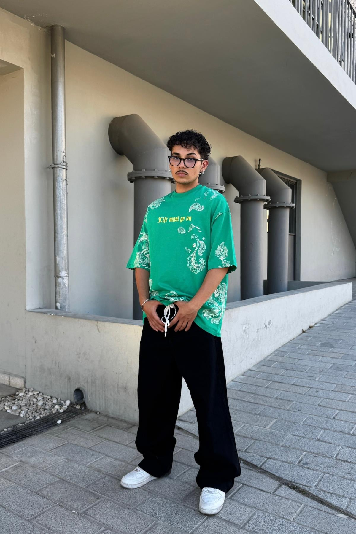 Life Must Etnik Desen Baskılı Yeşil Oversize Tshirt JC01