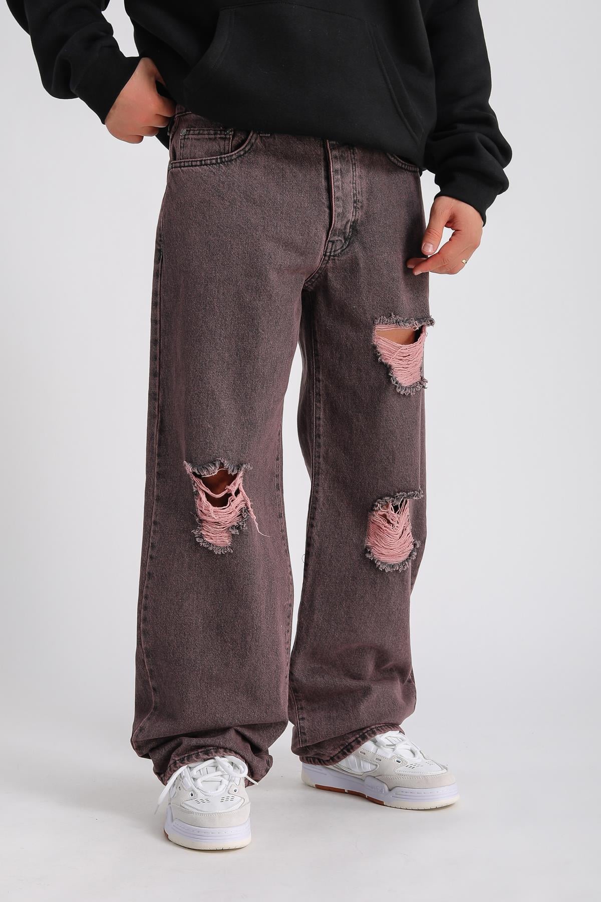 Lila Acid Wash Yırtık Detay Baggy Jean Pantolon P996