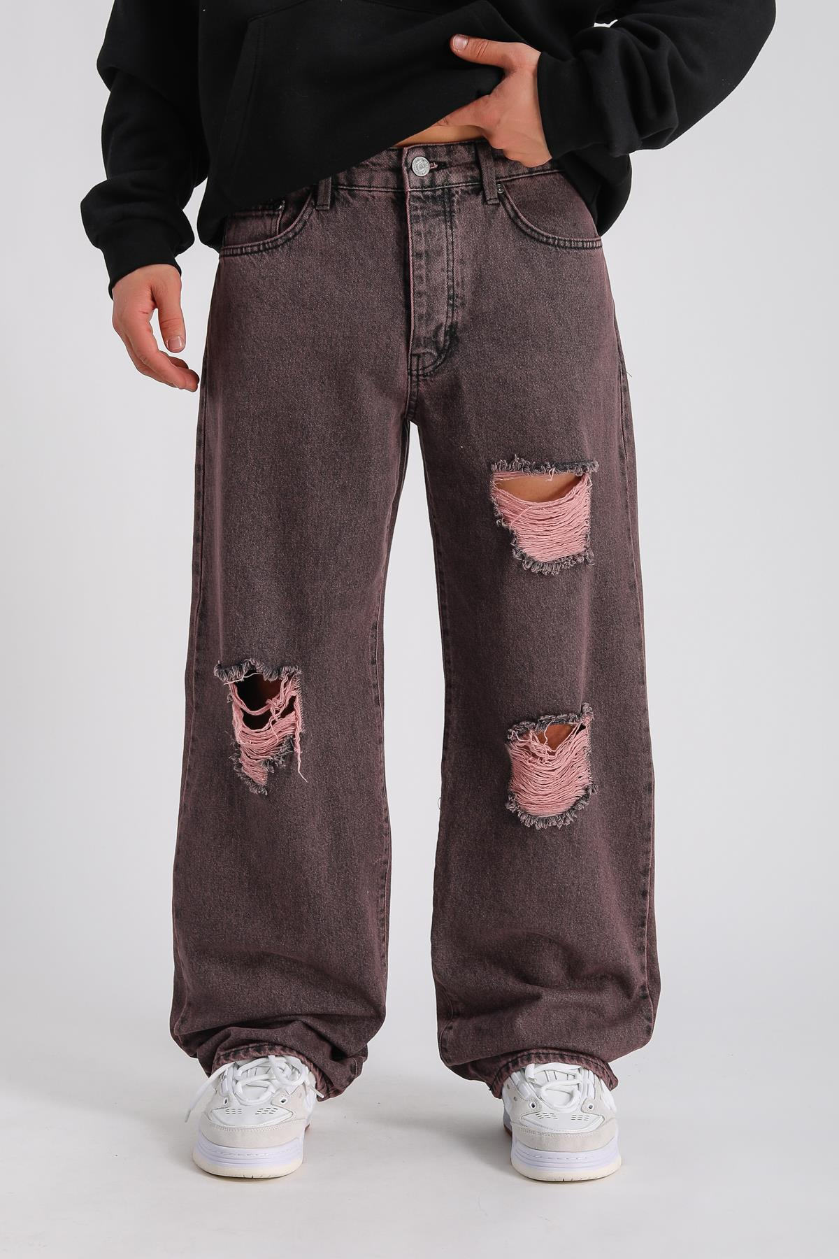 Lila Acid Wash Yırtık Detay Baggy Jean Pantolon P996