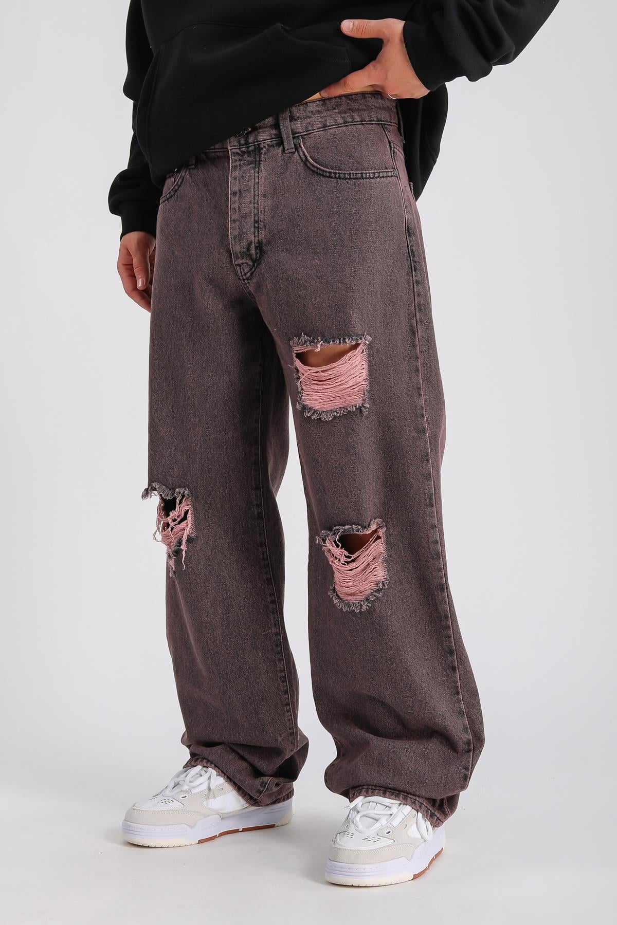Lila Acid Wash Yırtık Detay Baggy Jean Pantolon P996