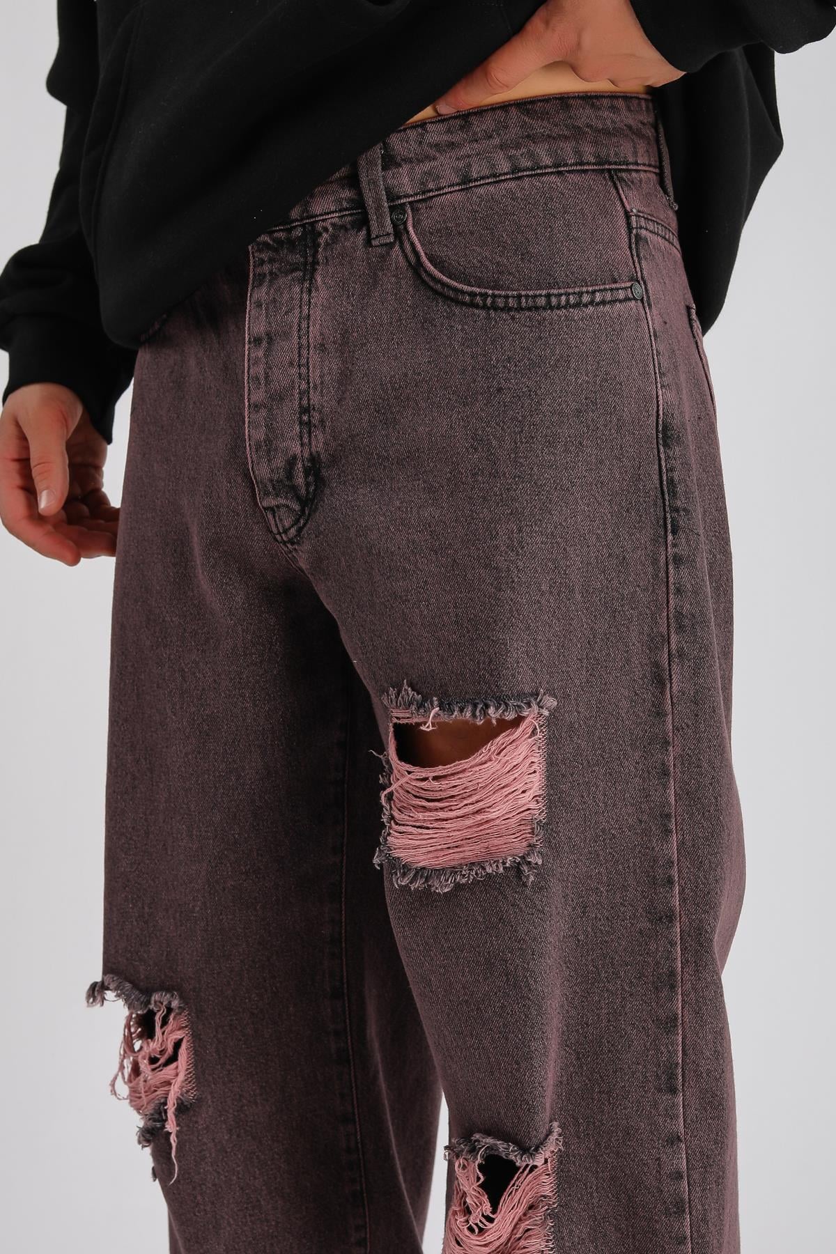 Lila Acid Wash Yırtık Detay Baggy Jean Pantolon P996