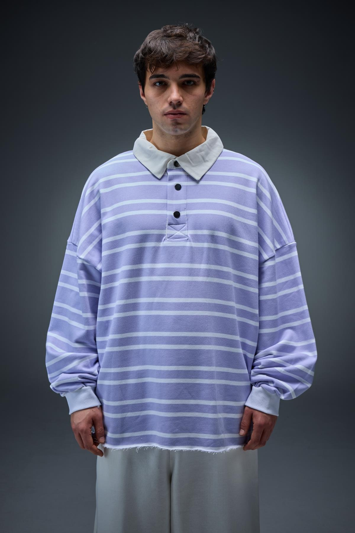 Lila Çizgili Polo Yaka Oversize Sweatshirt