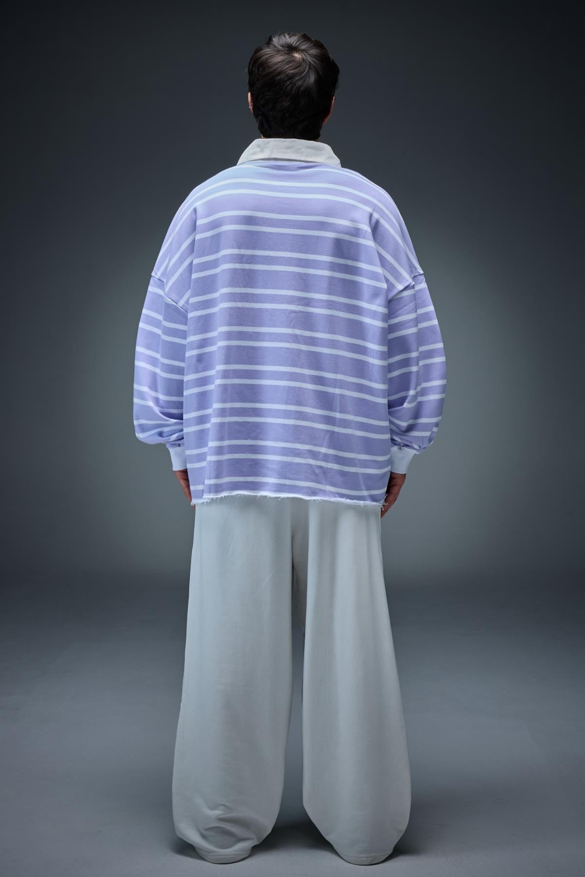 Lila Çizgili Polo Yaka Oversize Sweatshirt