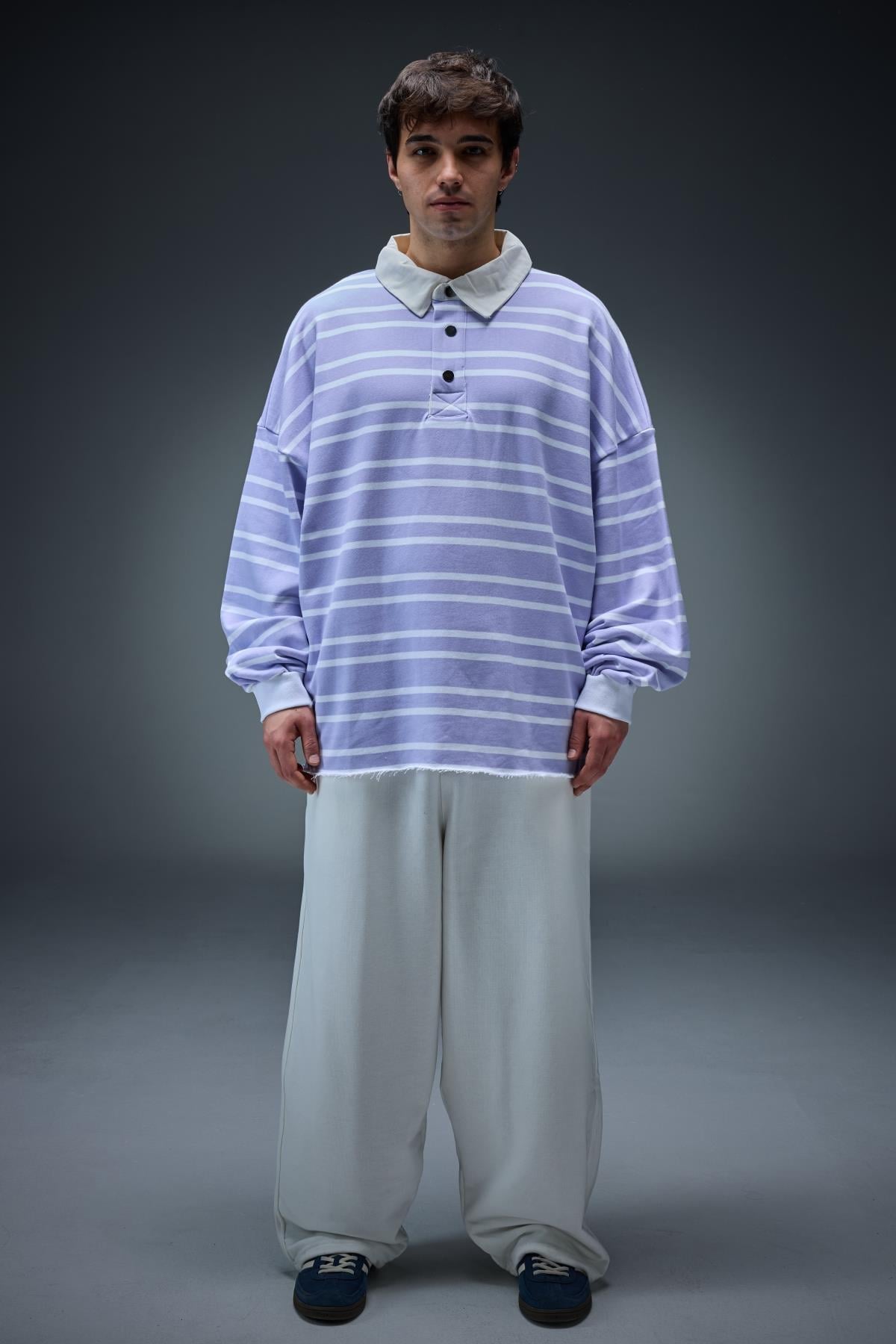 Lila Çizgili Polo Yaka Oversize Sweatshirt