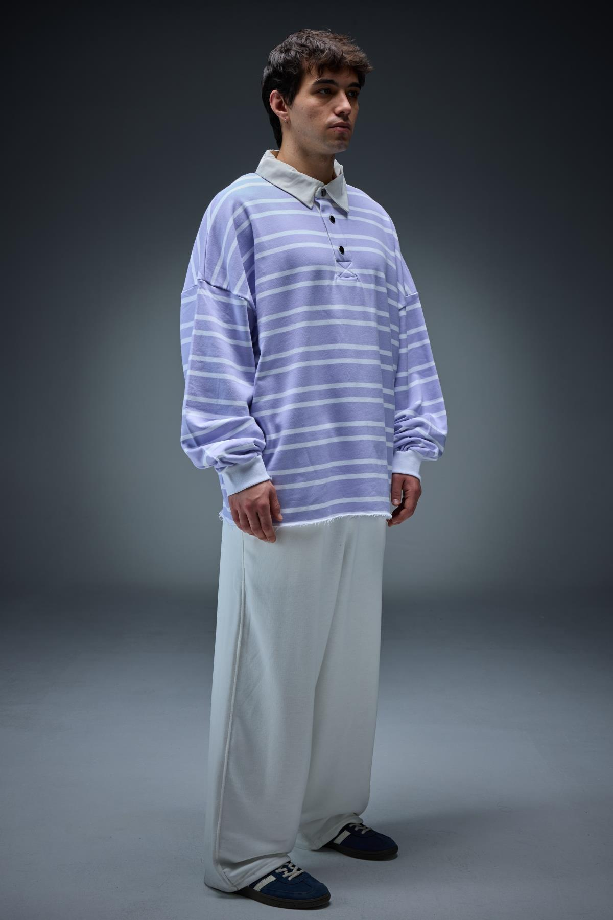 Lila Çizgili Polo Yaka Oversize Sweatshirt