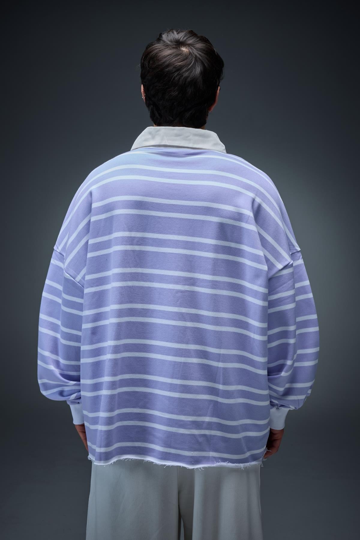 Lila Çizgili Polo Yaka Oversize Sweatshirt