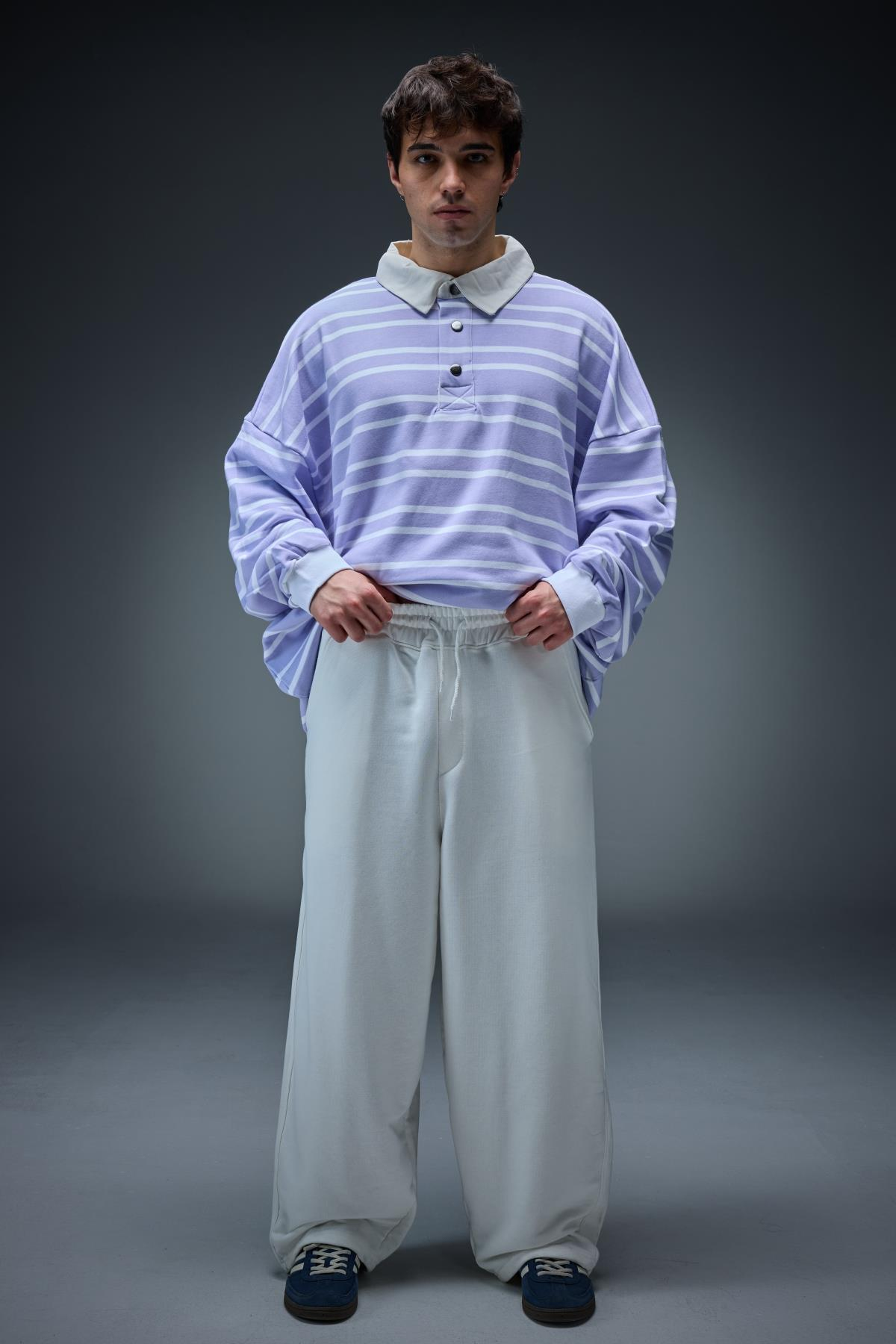 Lila Çizgili Polo Yaka Oversize Sweatshirt