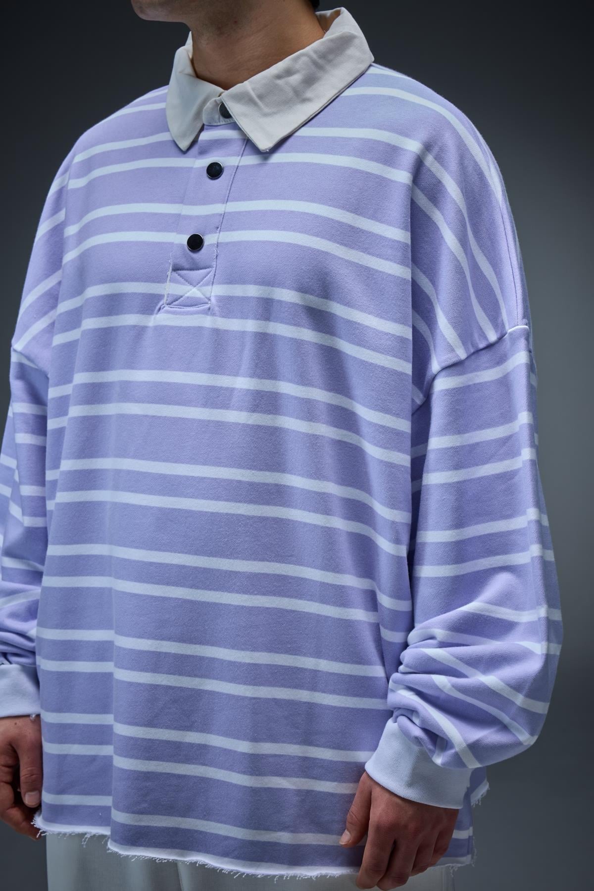 Lila Çizgili Polo Yaka Oversize Sweatshirt