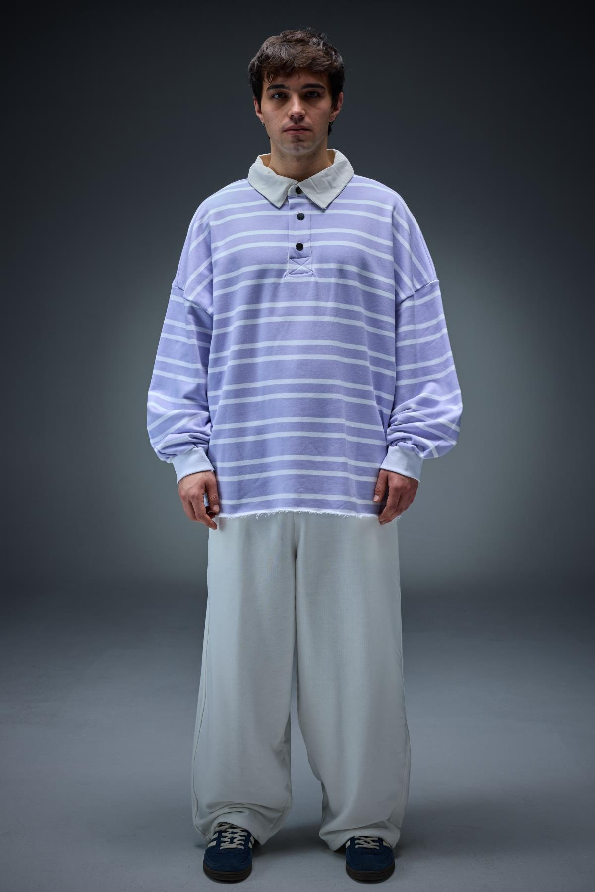 Lila Çizgili Polo Yaka Oversize Sweatshirt