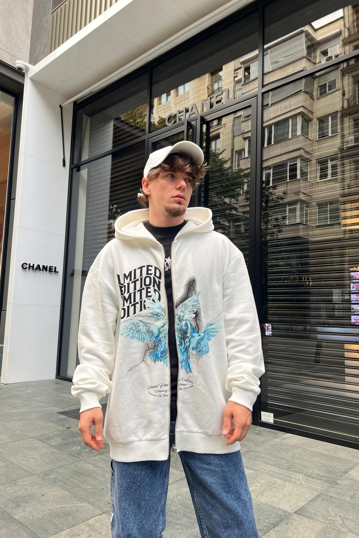 Limited Baskılı Krem Oversize Zipper Sweatshirt SW989