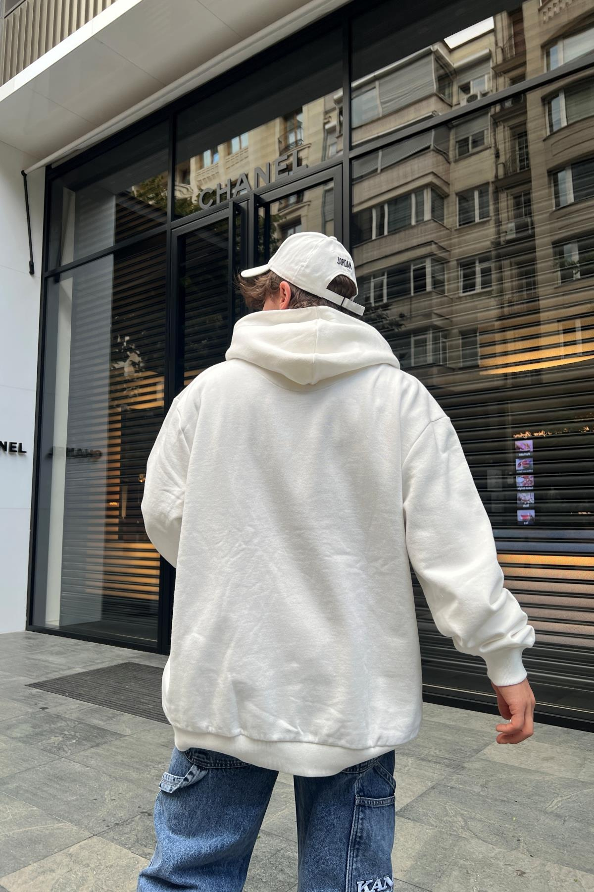 Limited Baskılı Krem Oversize Zipper Sweatshirt SW989