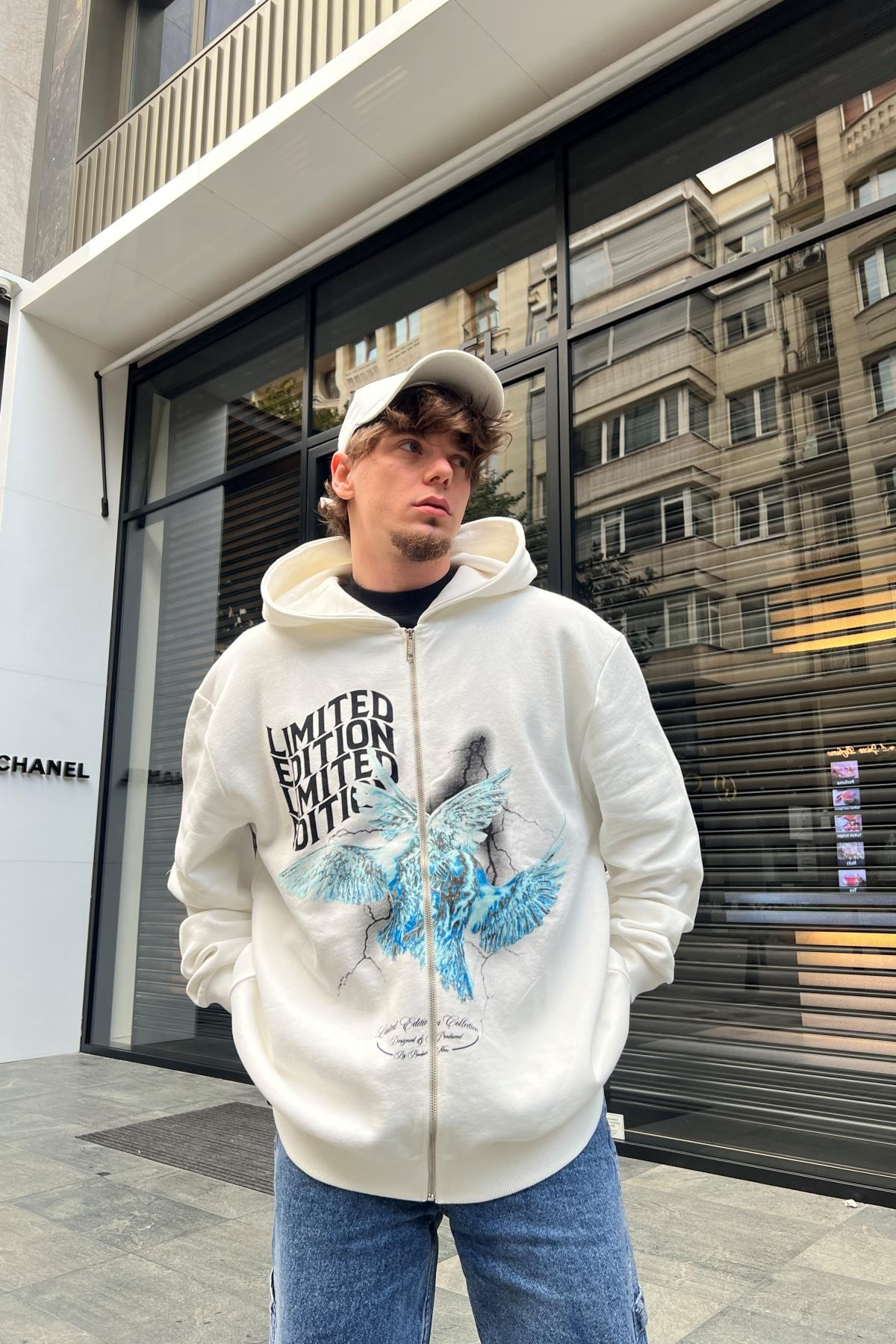 Limited Baskılı Krem Oversize Zipper Sweatshirt SW989