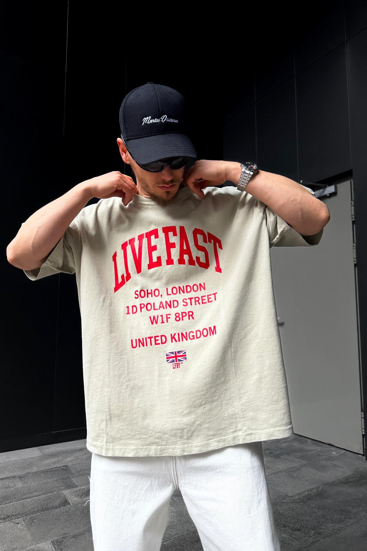 Live Fast Baskılı Bej Oversize Tshirt T883