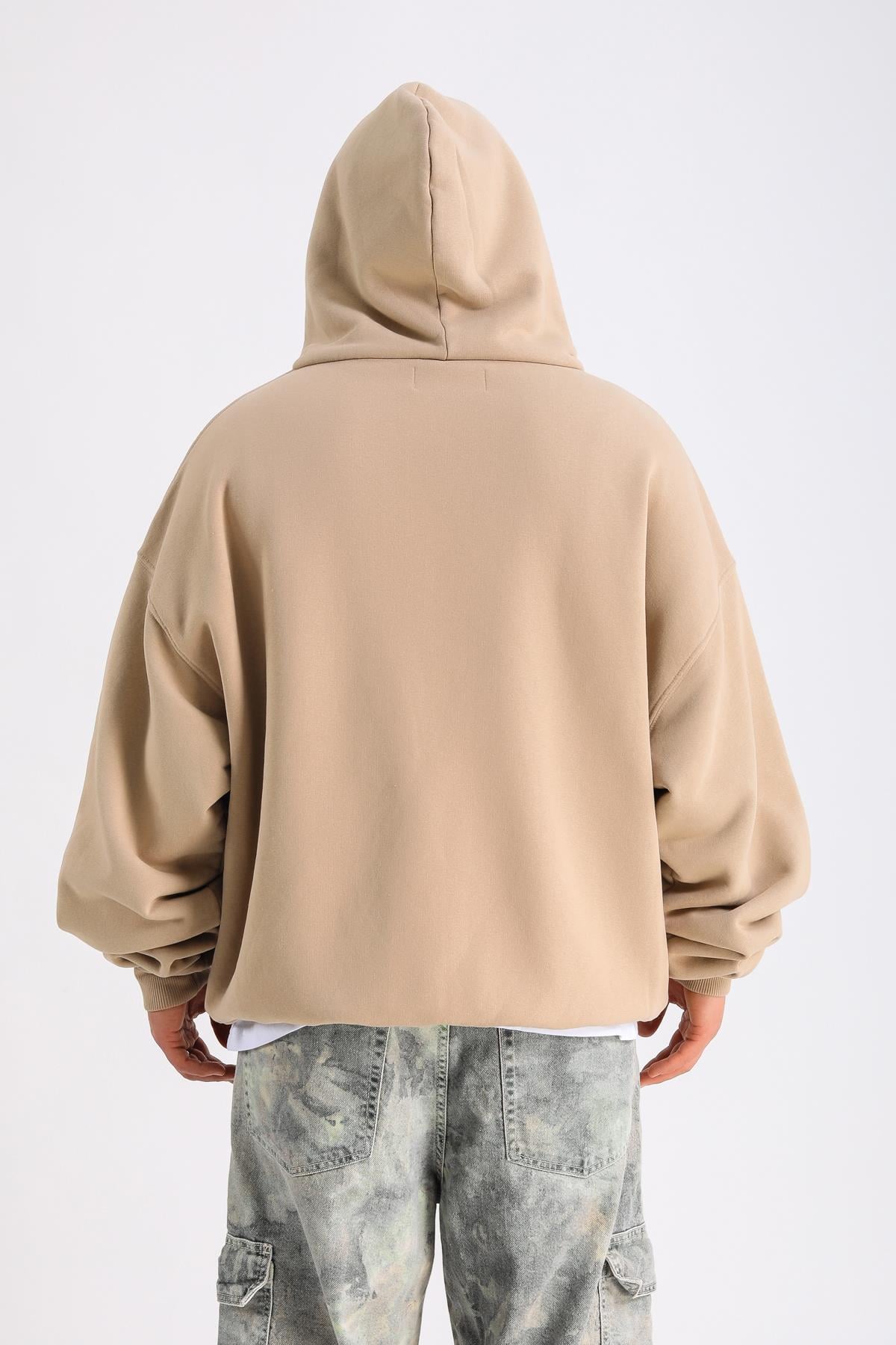 LLS Baskılı Bej Oversize Zipper Hoodie SW1227