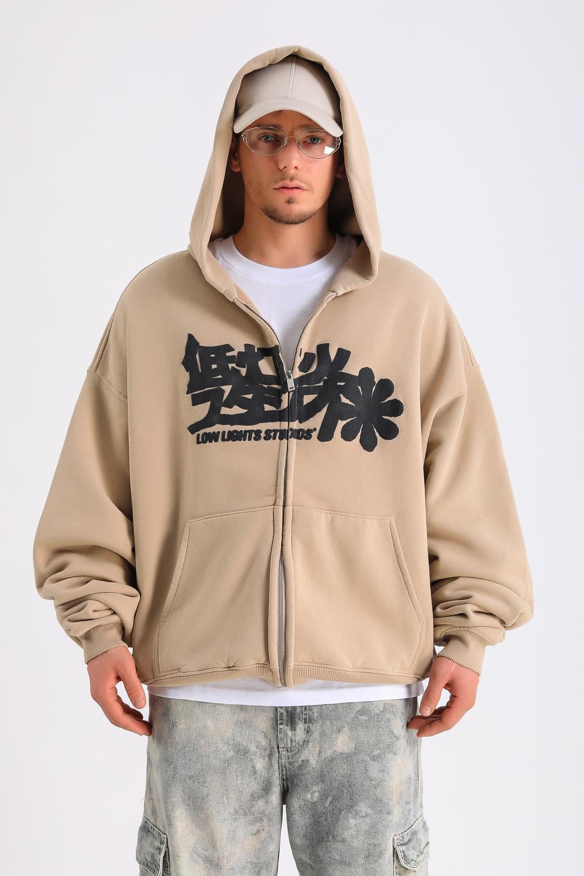 LLS Baskılı Bej Oversize Zipper Hoodie SW1227