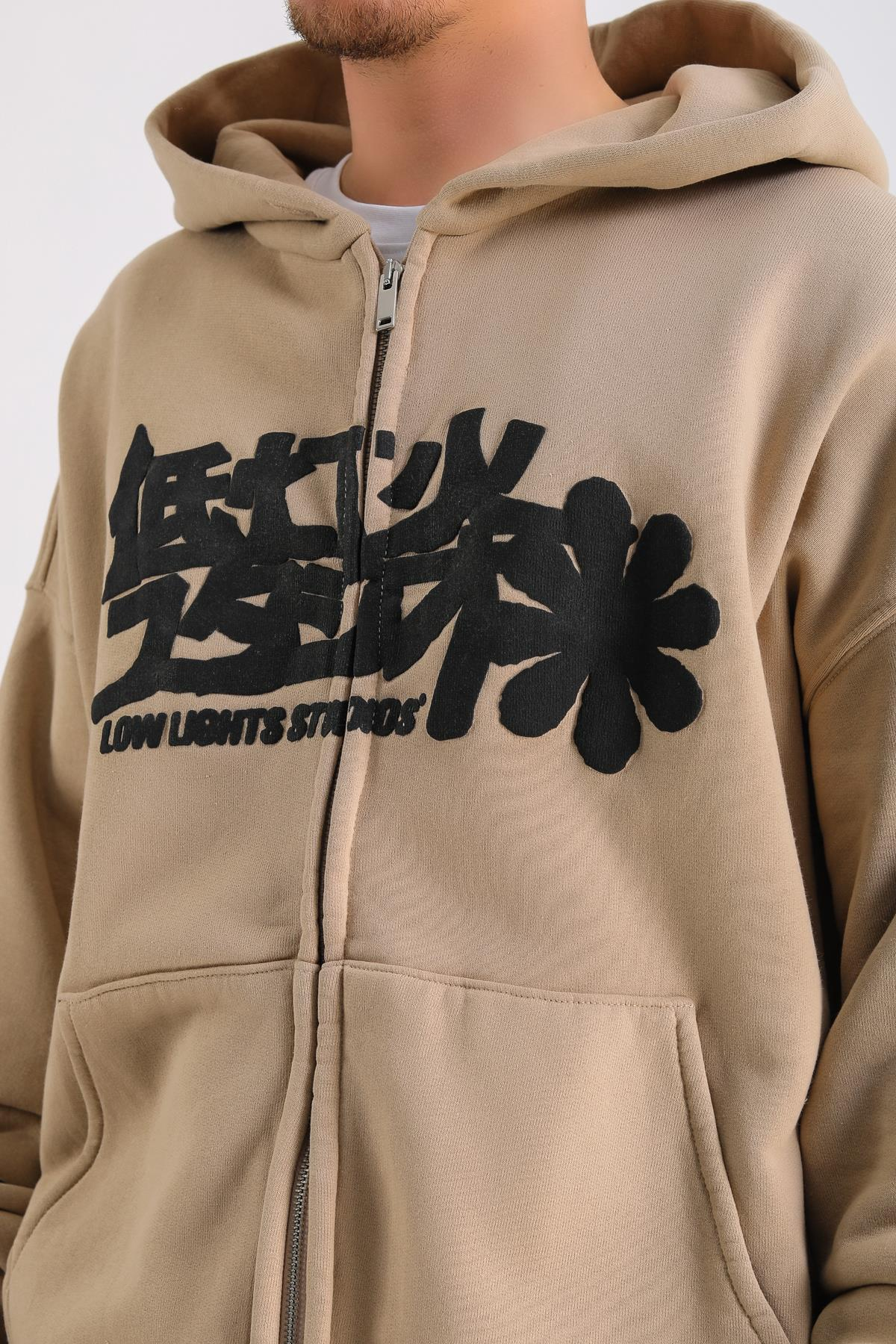 LLS Baskılı Bej Oversize Zipper Hoodie SW1227
