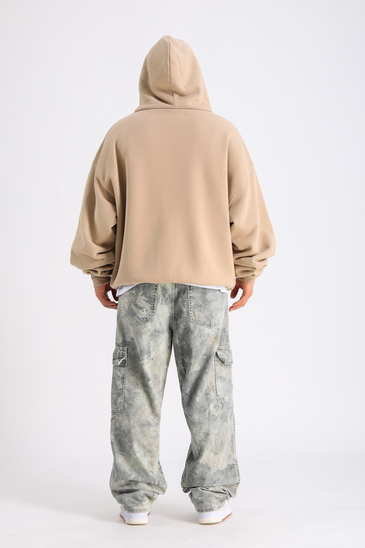 LLS Baskılı Bej Oversize Zipper Hoodie SW1227