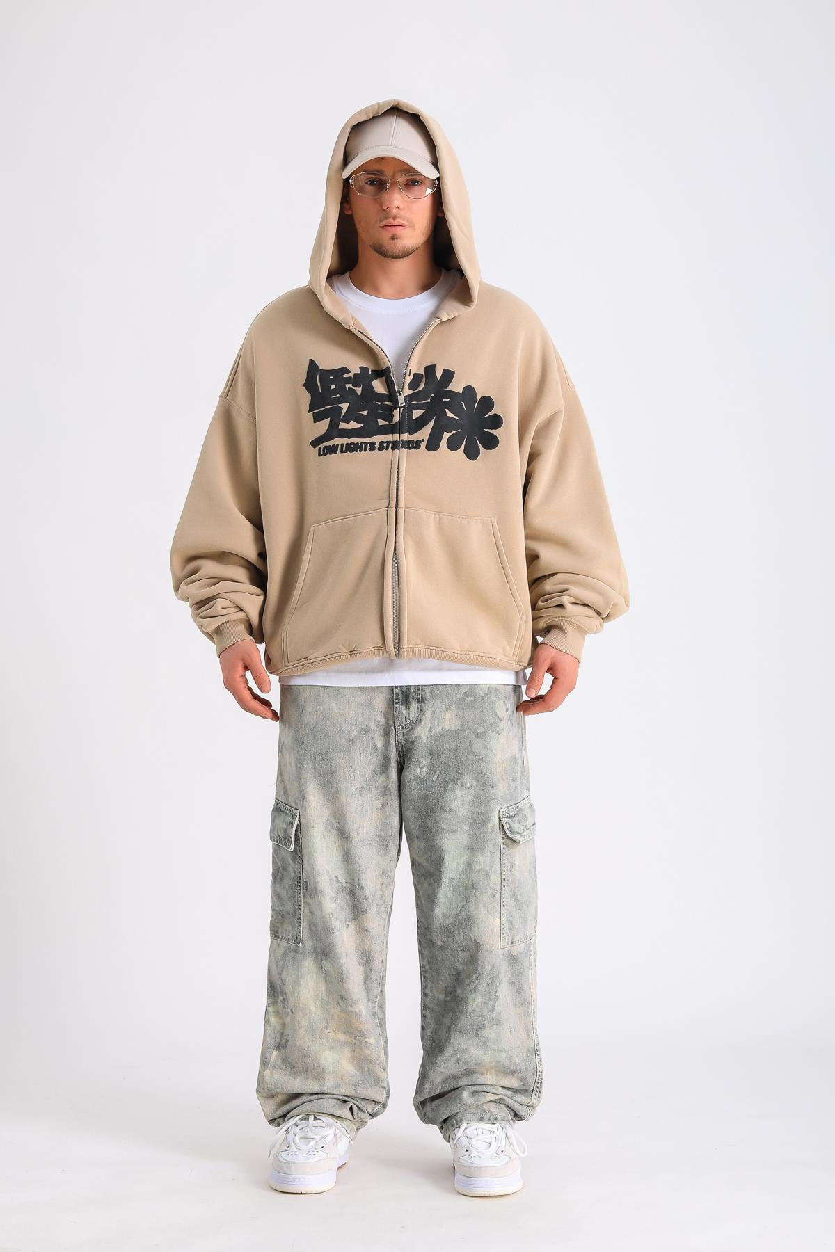 LLS Baskılı Bej Oversize Zipper Hoodie SW1227