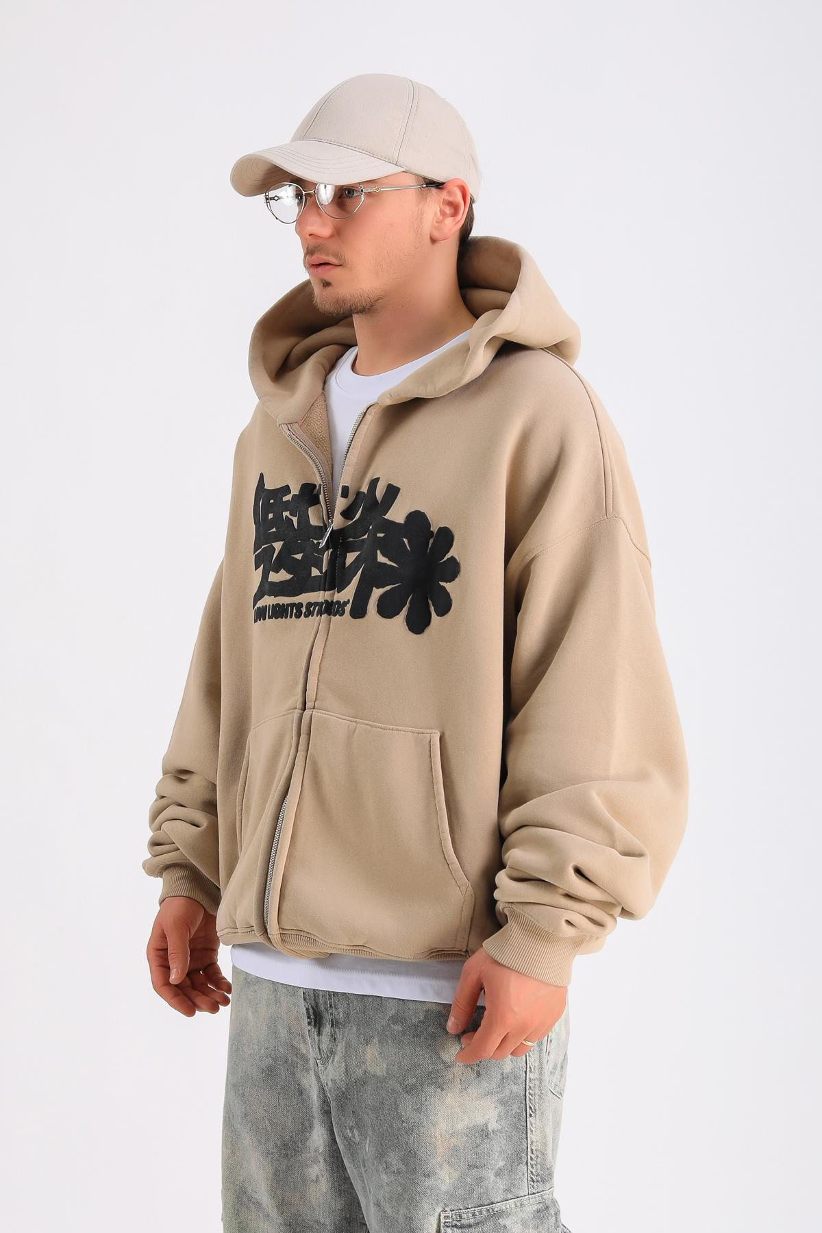 LLS Baskılı Bej Oversize Zipper Hoodie SW1227
