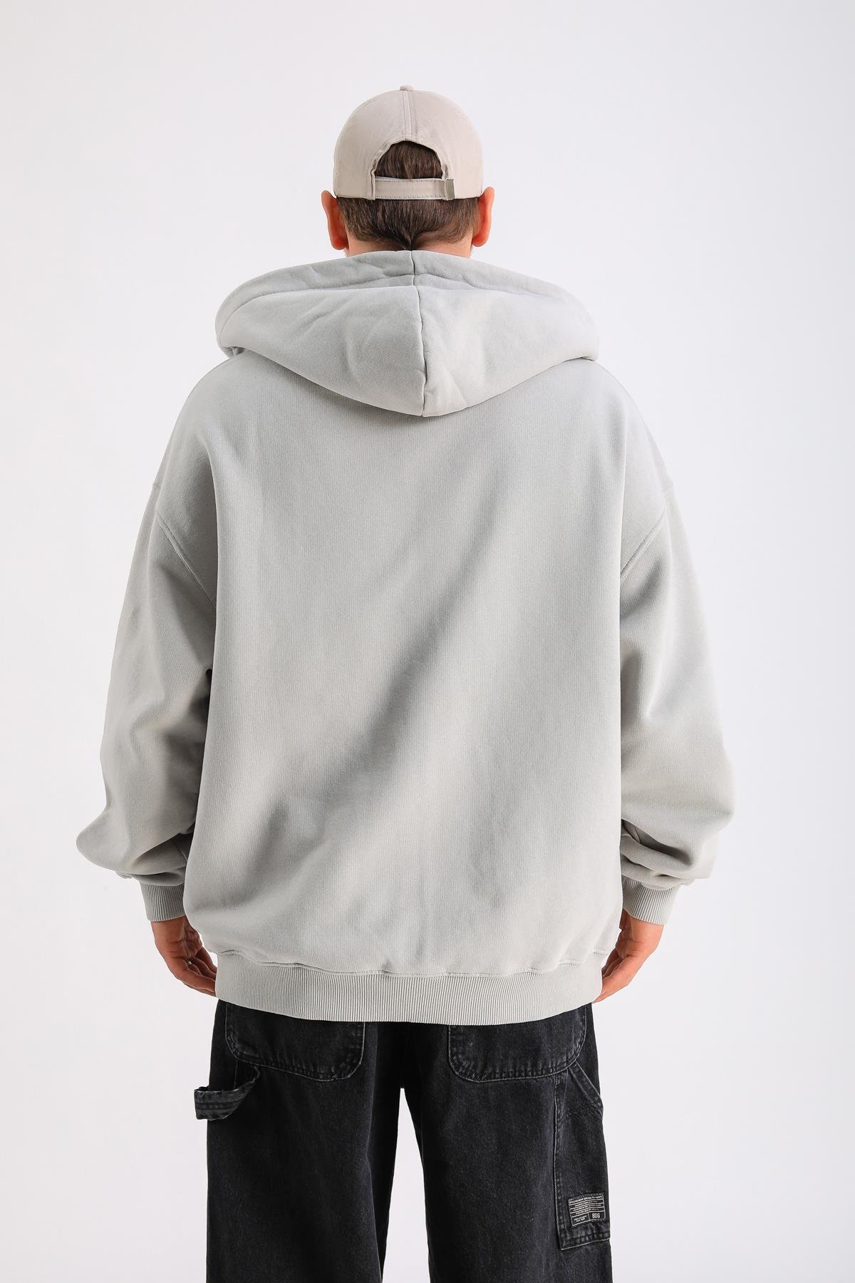 LLS Baskılı Gri Zipper Oversize Hoodie SW1247
