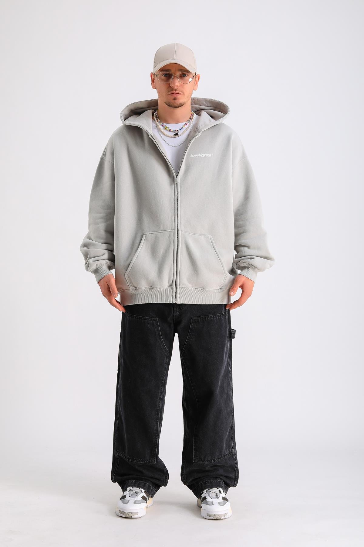 LLS Baskılı Gri Zipper Oversize Hoodie SW1247