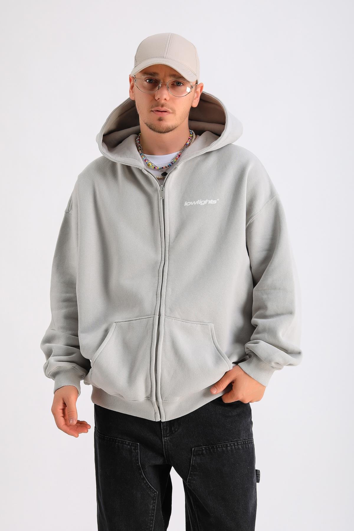 LLS Baskılı Gri Zipper Oversize Hoodie SW1247