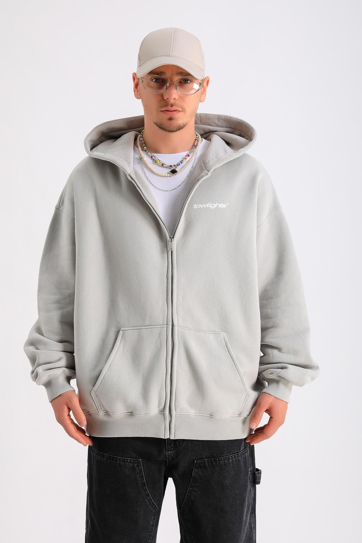 LLS Baskılı Gri Zipper Oversize Hoodie SW1247