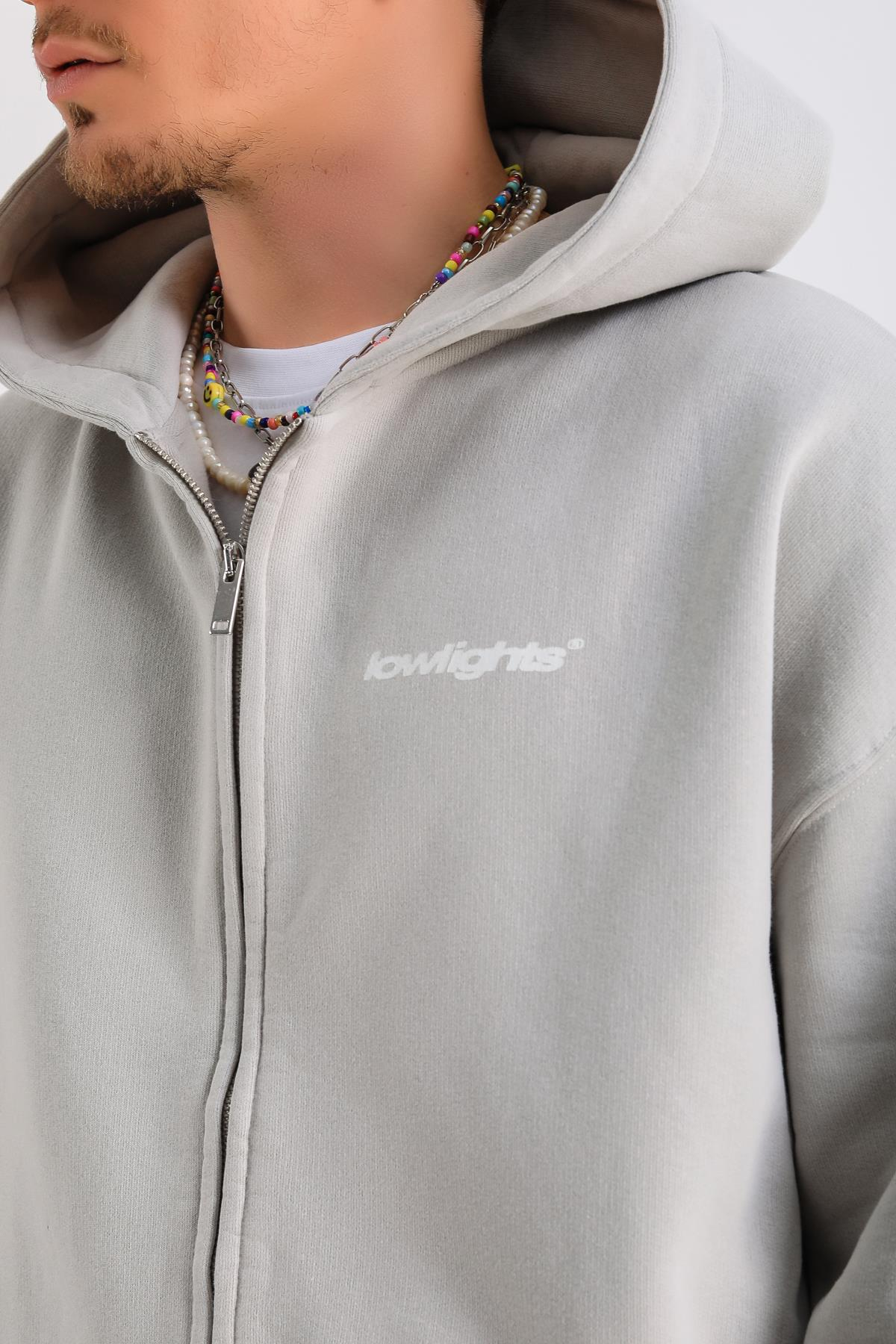 LLS Baskılı Gri Zipper Oversize Hoodie SW1247