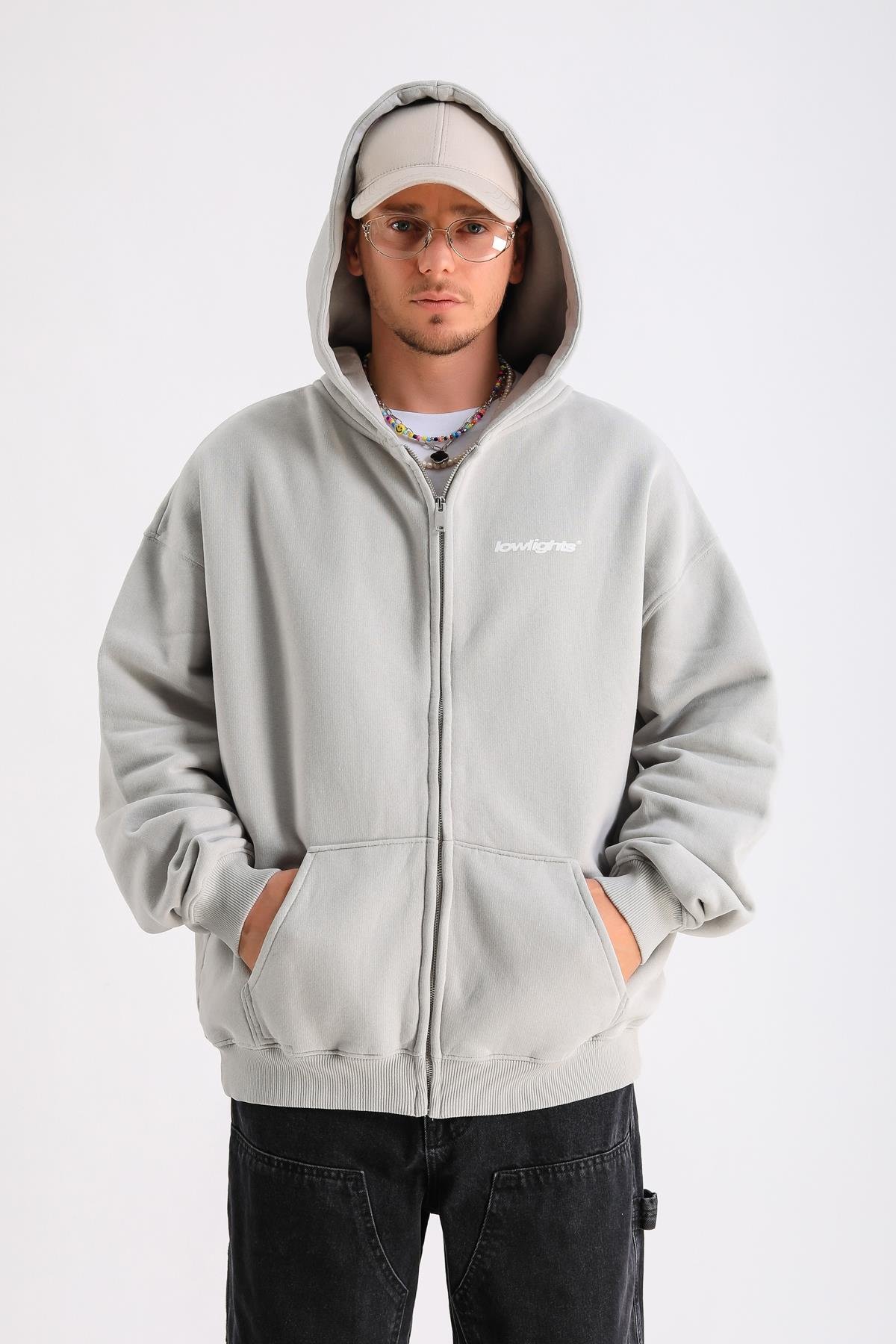 LLS Baskılı Gri Zipper Oversize Hoodie SW1247
