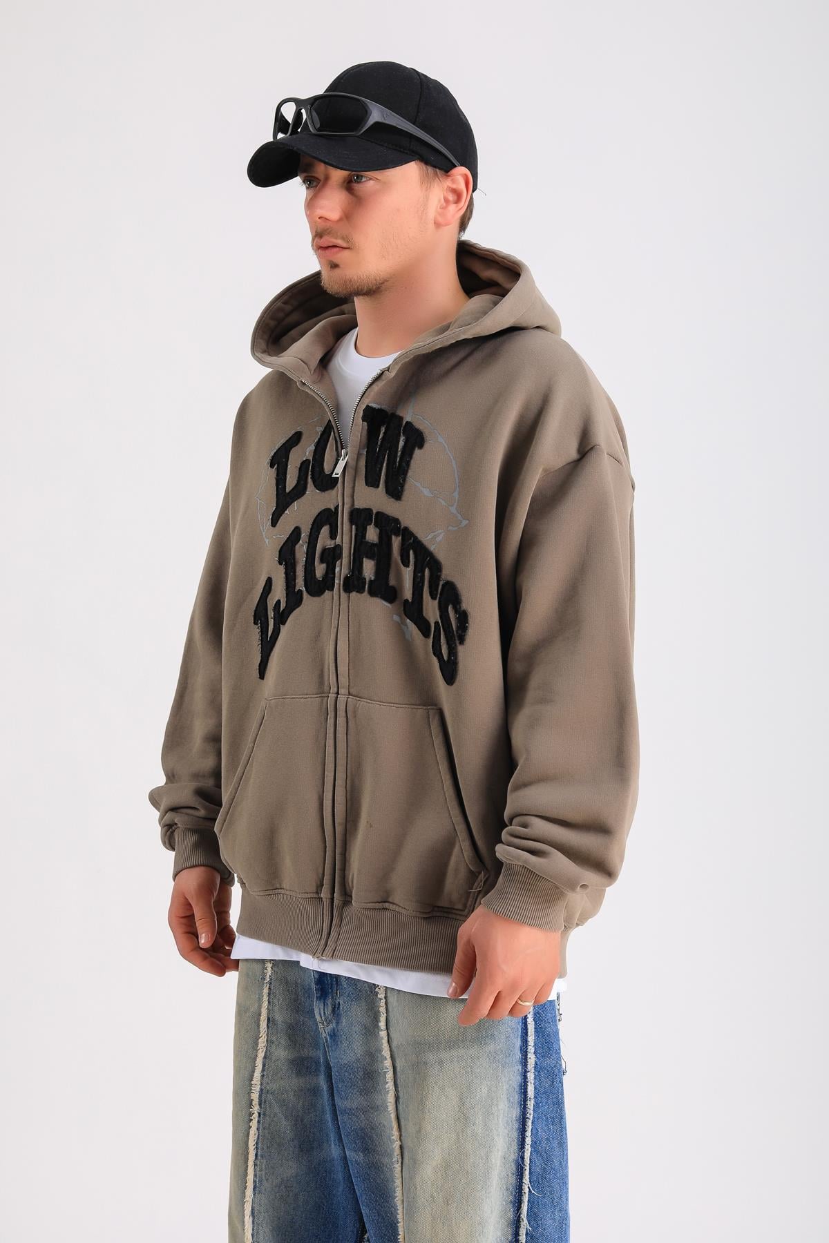 LLS Baskılı Kahve Oversize Zipper Hoodie SW1235